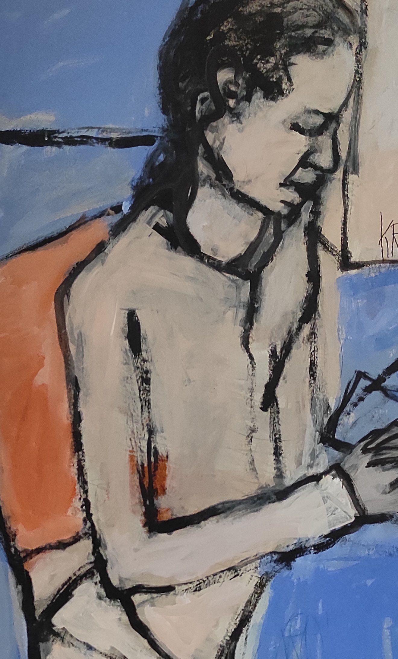 Woman at table, Painting, Acrylic on Paper For Sale 1