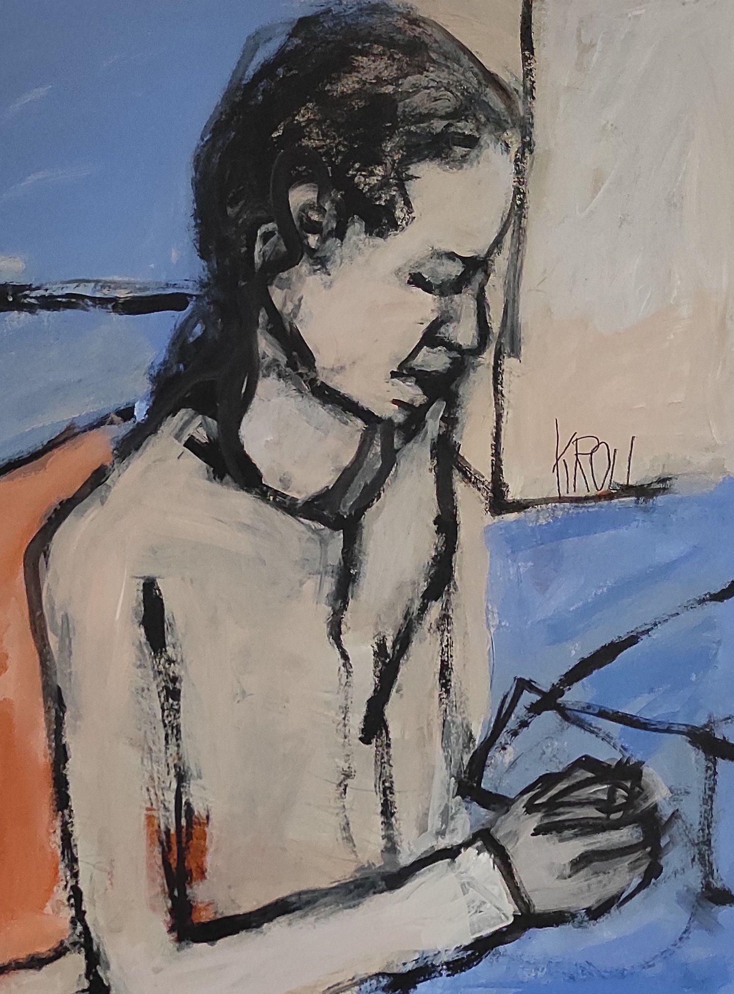 Woman at table, Painting, Acrylic on Paper For Sale 2