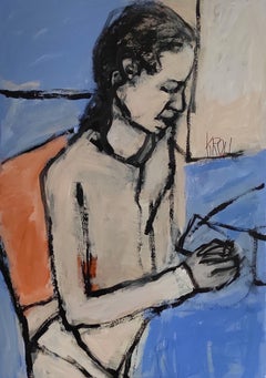 Frau am Tisch, Gemälde, Acryl auf Papier
