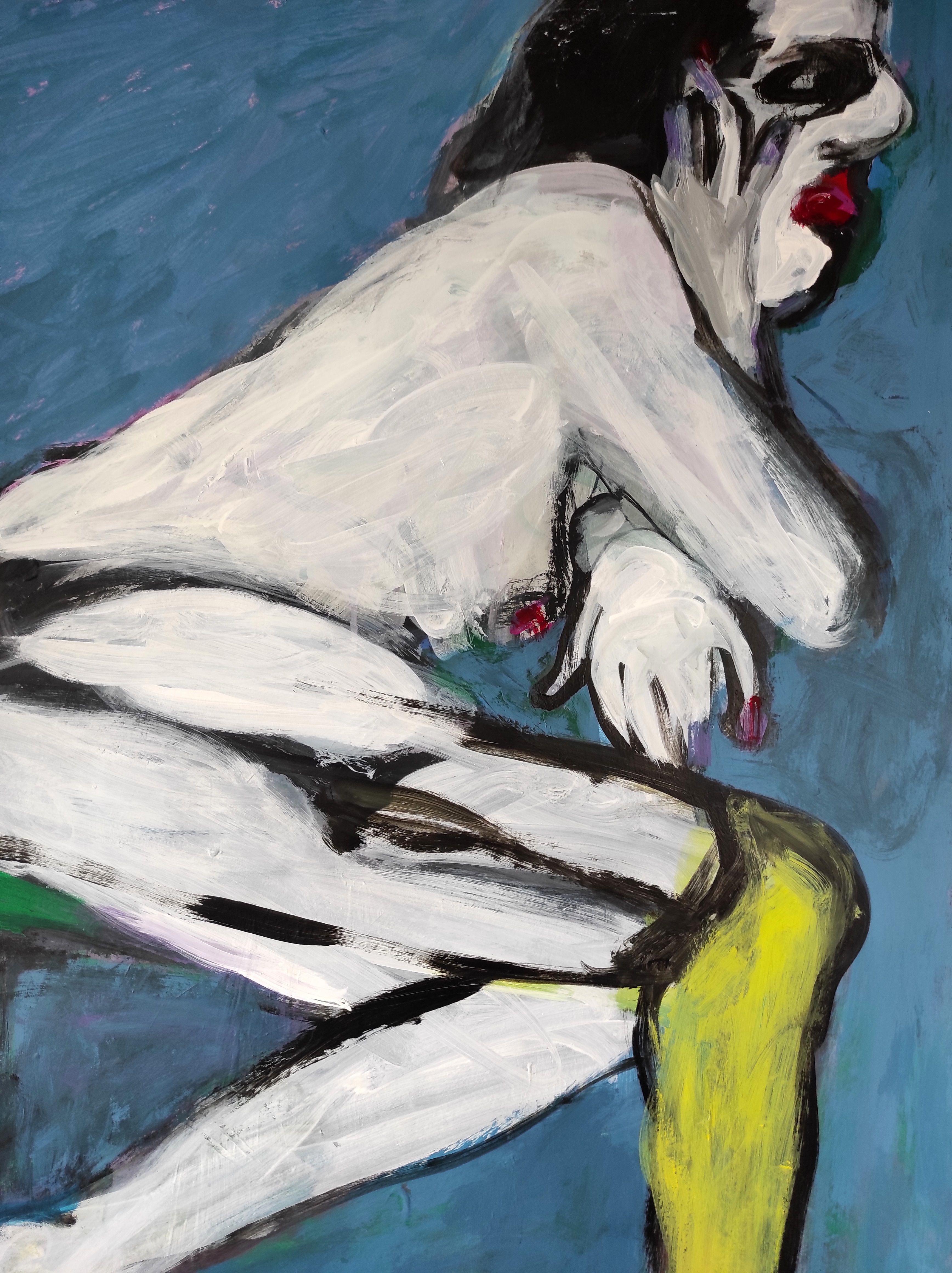 woman with yellow stocking, Painting, Acrylic on Paper For Sale 1