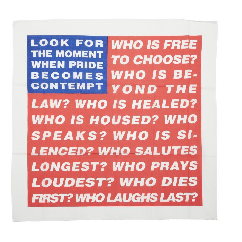 This limited edition bandana from Barbara Kruger was part of a 2020 campaign titled "Artists Band Together," in support of organizations working to increase voter turnout. Using language, text, and typography, Kruger creates social and political