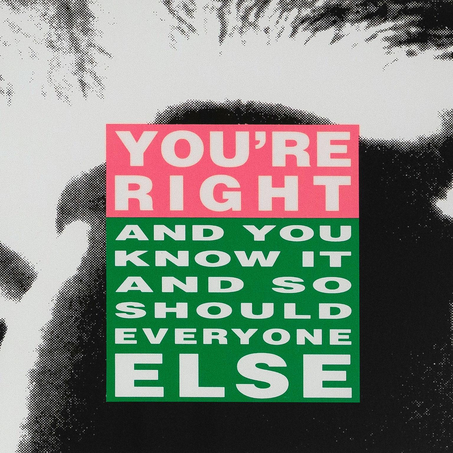 barbara kruger’s signature style combines black-and-white photographic images with