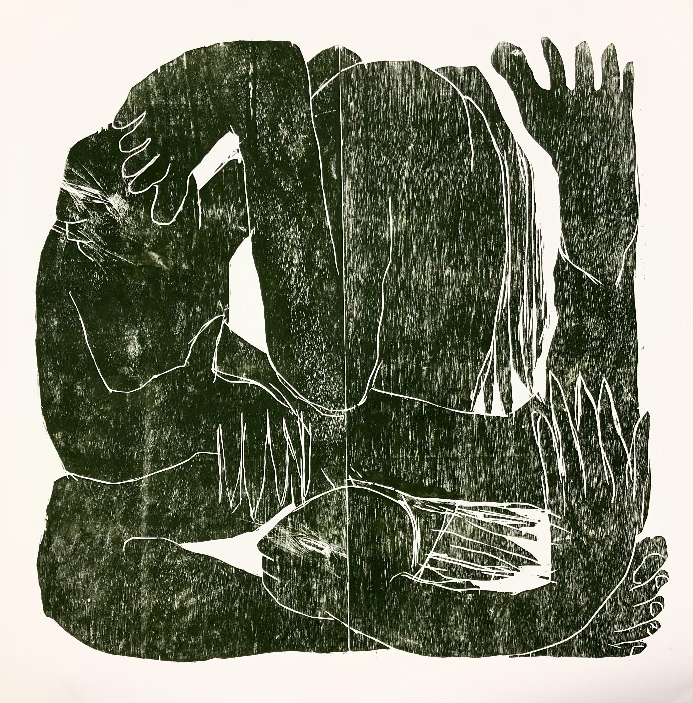 Turning to one point, œuvre imprimée à la main, gravure sur bois - Print de Barbara Kuebel