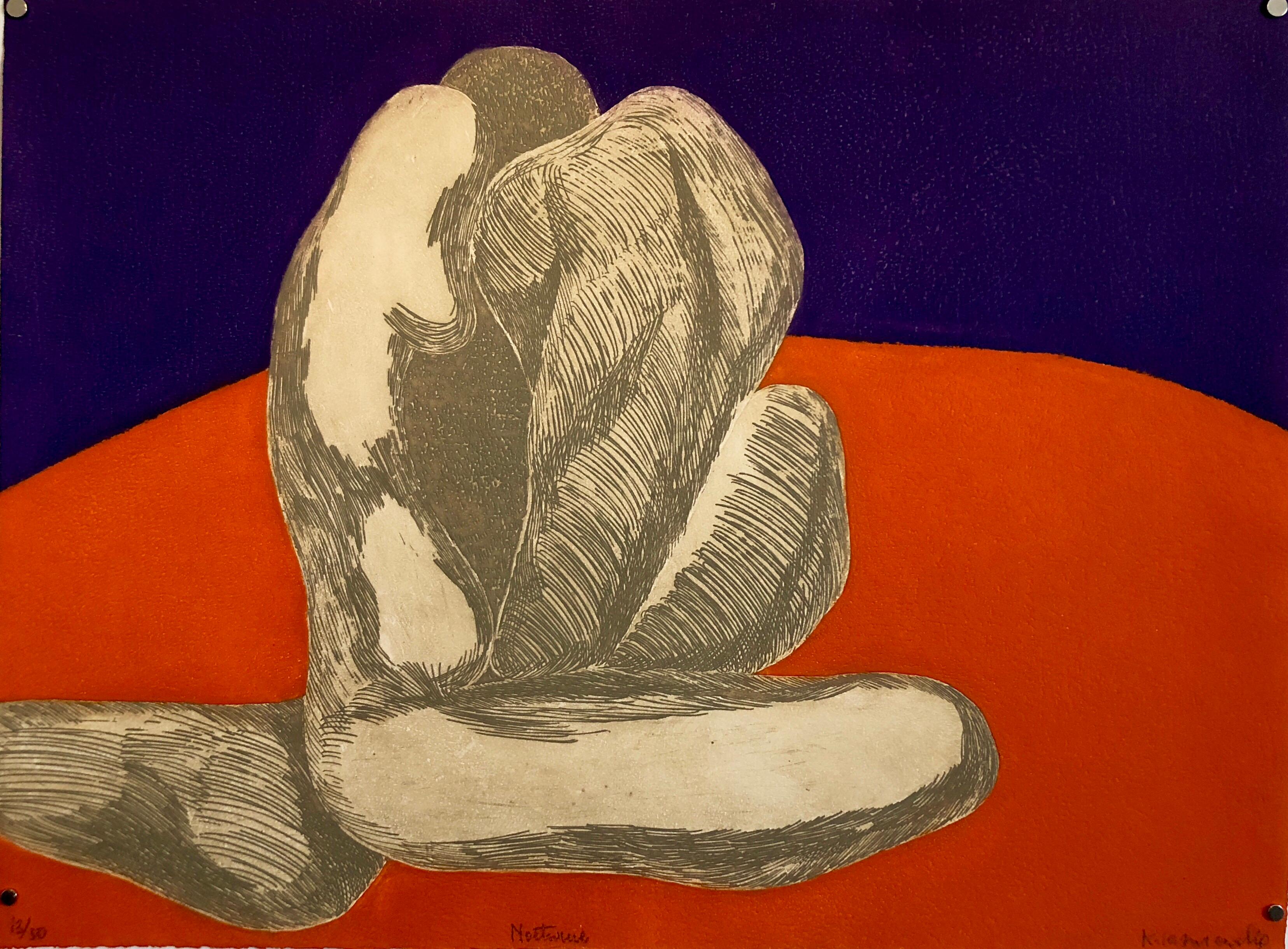 Barbara Kwasniewska Nude Print - French Polish Woman Modernist Nocturne Abstract Nude Aquatint Etching