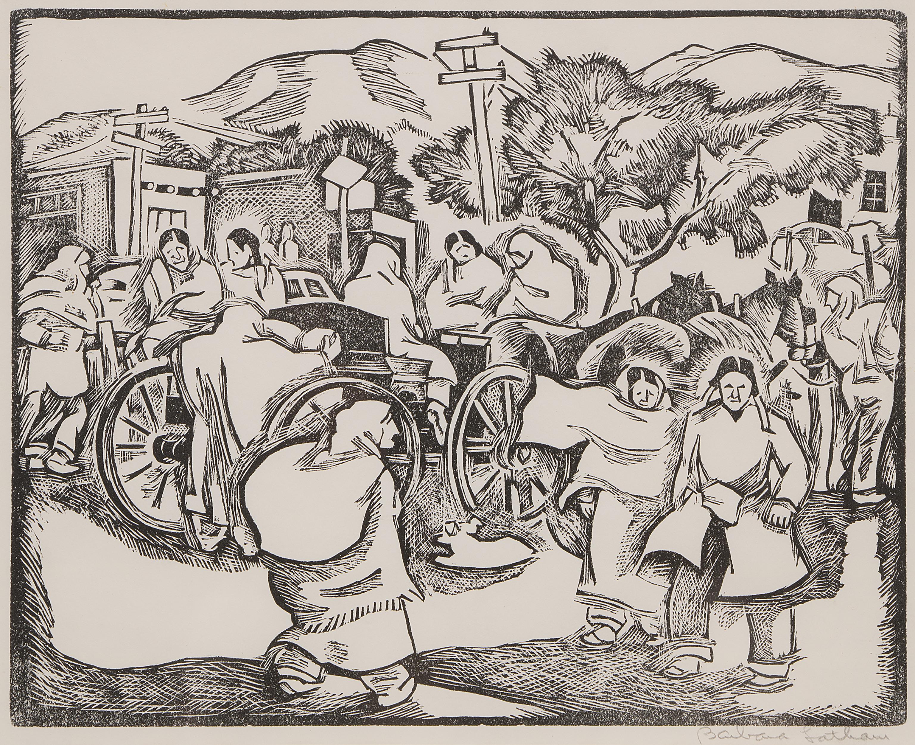 Barbara Latham 1950s Modernist Linocut “Saturday Morning, Taos Plaza”