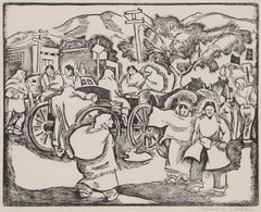 Marché du samedi matin, Taos Plaza, Nouveau Mexique, 1950 Gravure sur linoléum figurative