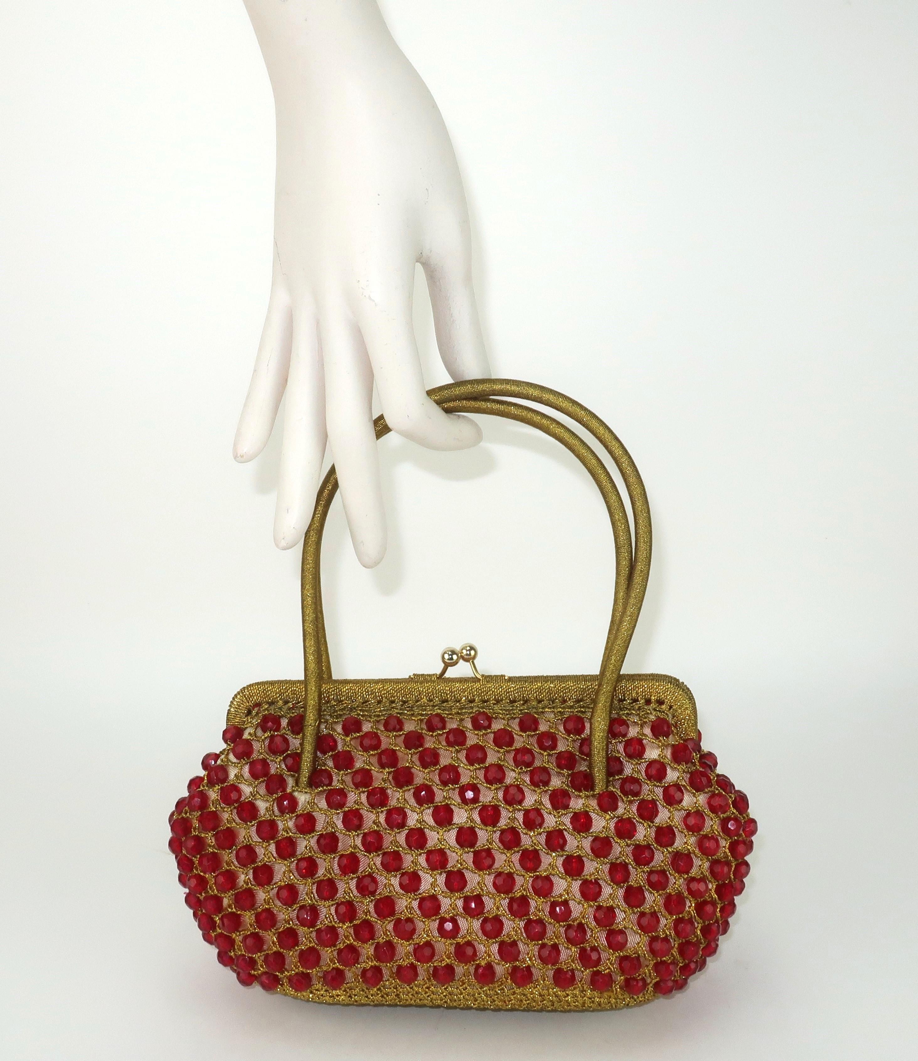 Barbara Lee Italian Gold Crochet & Ruby Red Beaded Handbag, 1960's 6