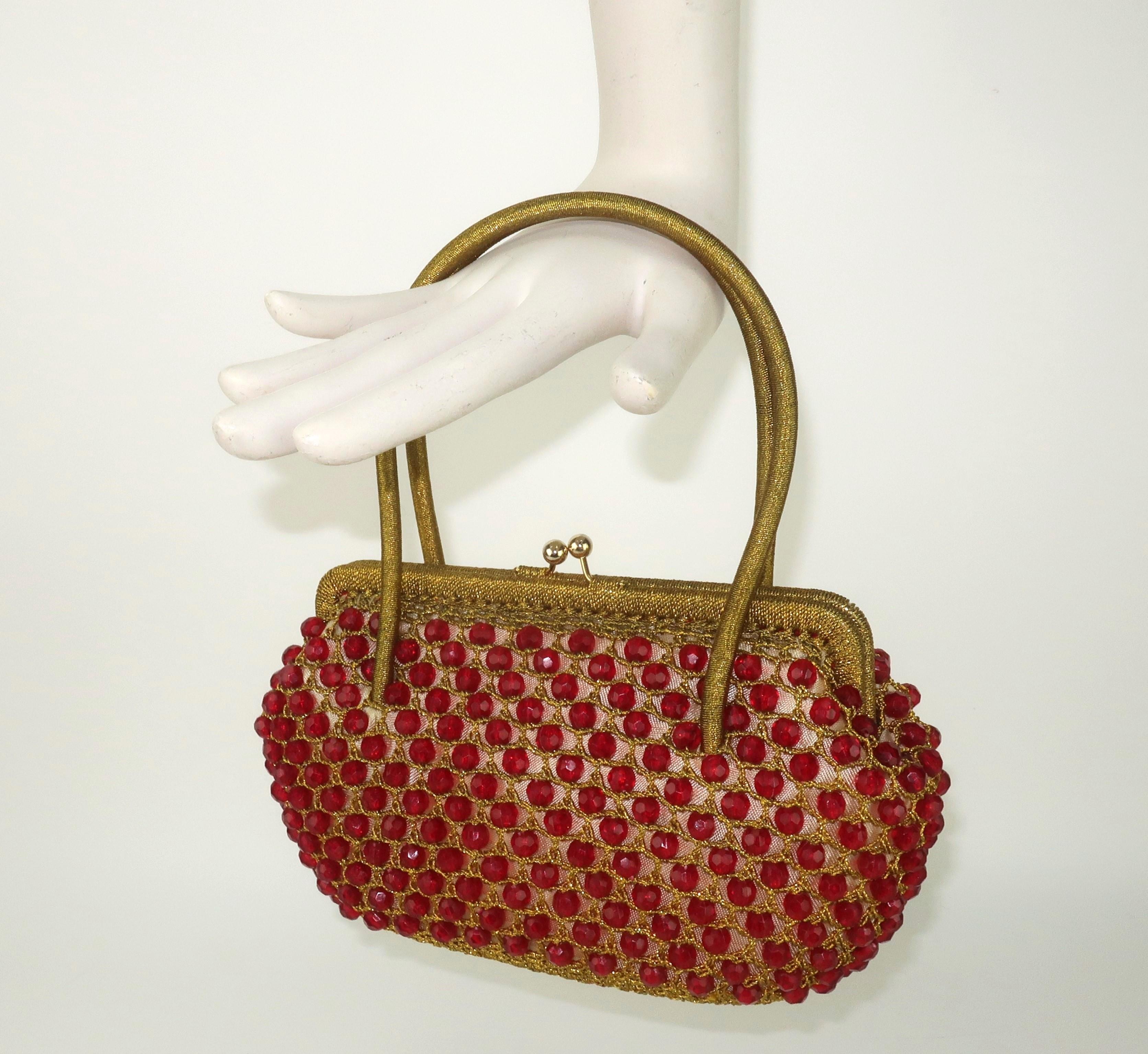 Barbara Lee - Sac à main italien en crochet doré et perles rouge rubis, années 1960 7