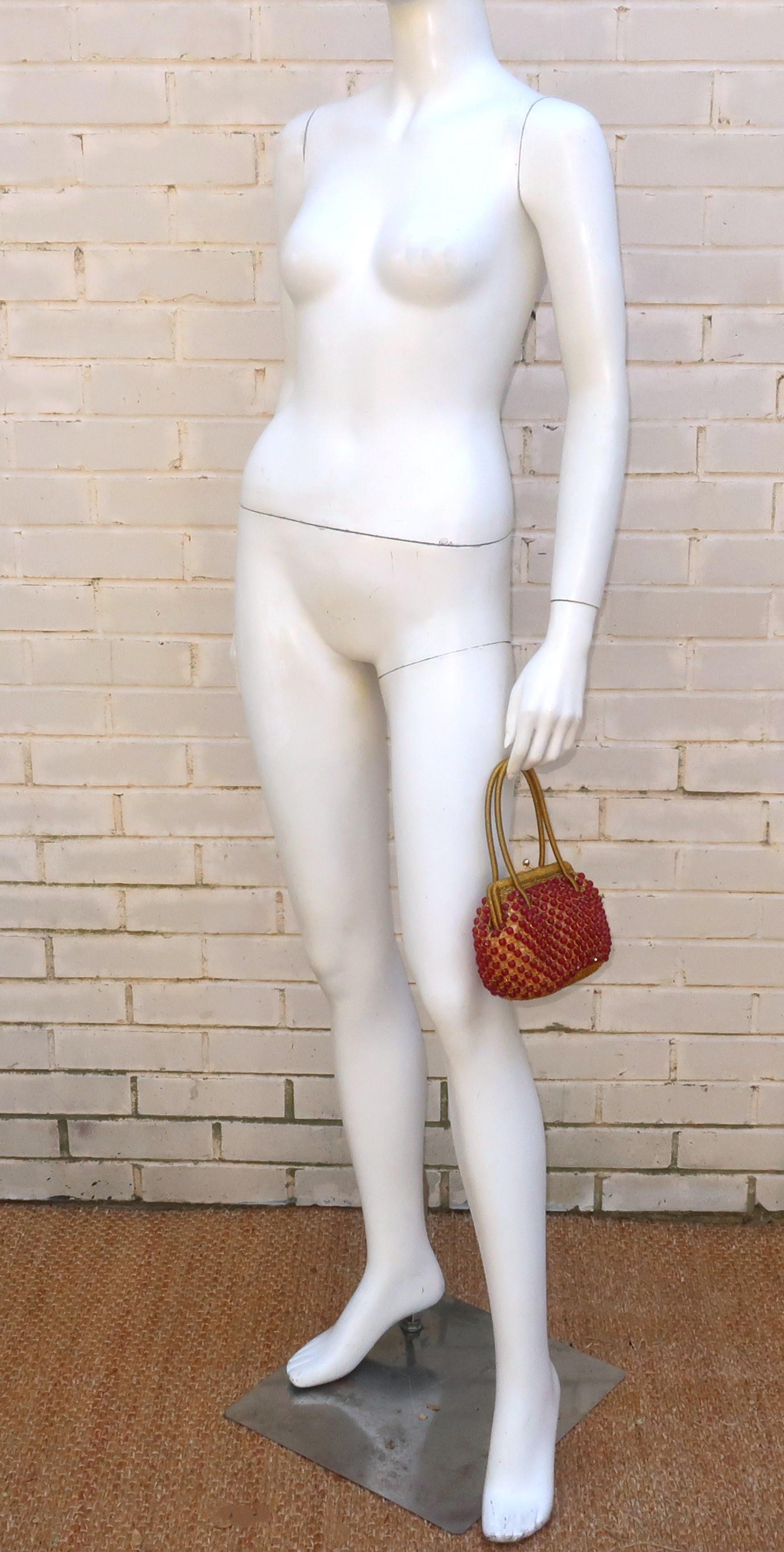 Barbara Lee Italian Gold Crochet & Ruby Red Beaded Handbag, 1960's 8