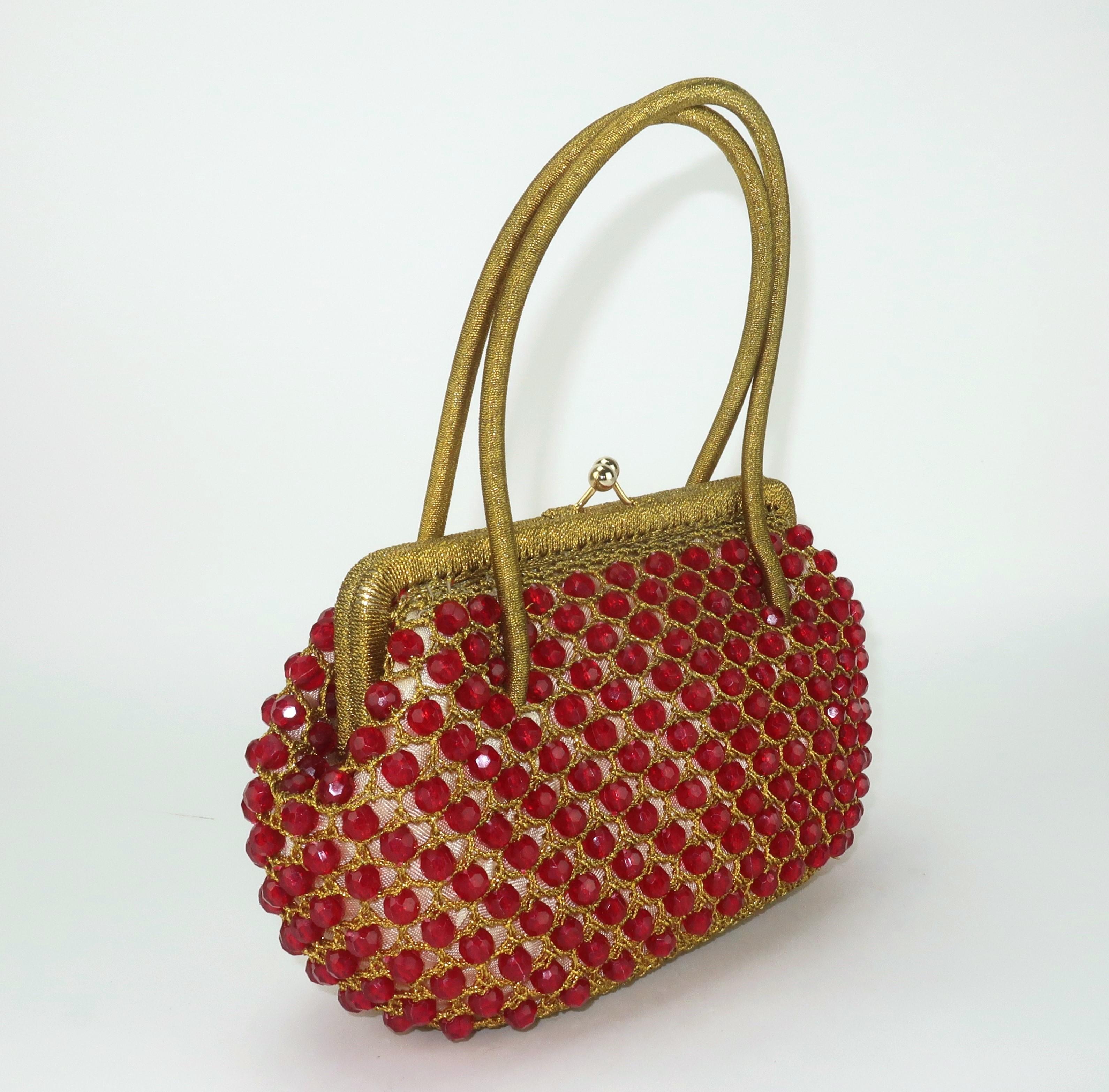 Barbara Lee Italian Gold Crochet & Ruby Red Beaded Handbag, 1960's In Good Condition In Atlanta, GA