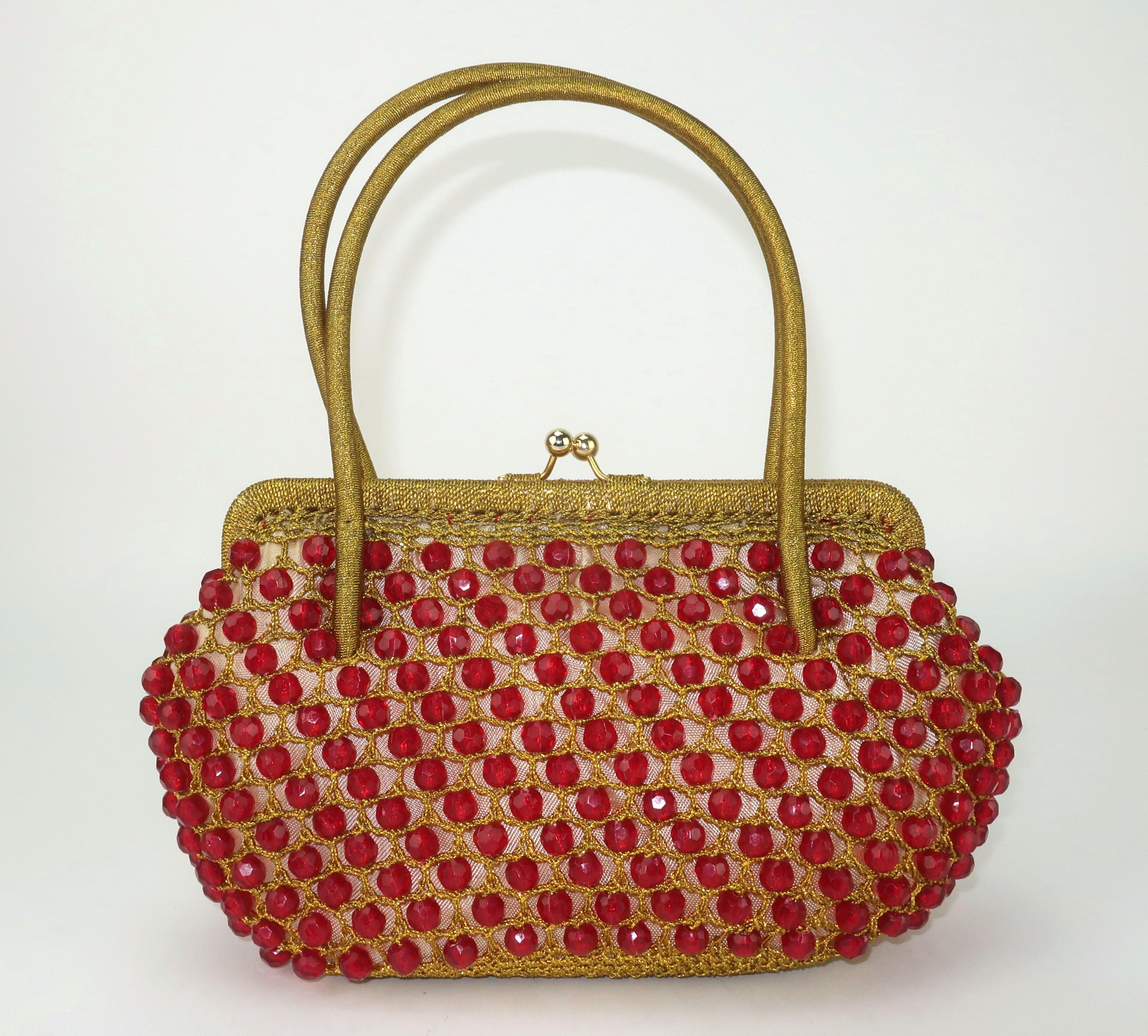 Women's Barbara Lee Italian Gold Crochet & Ruby Red Beaded Handbag, 1960's