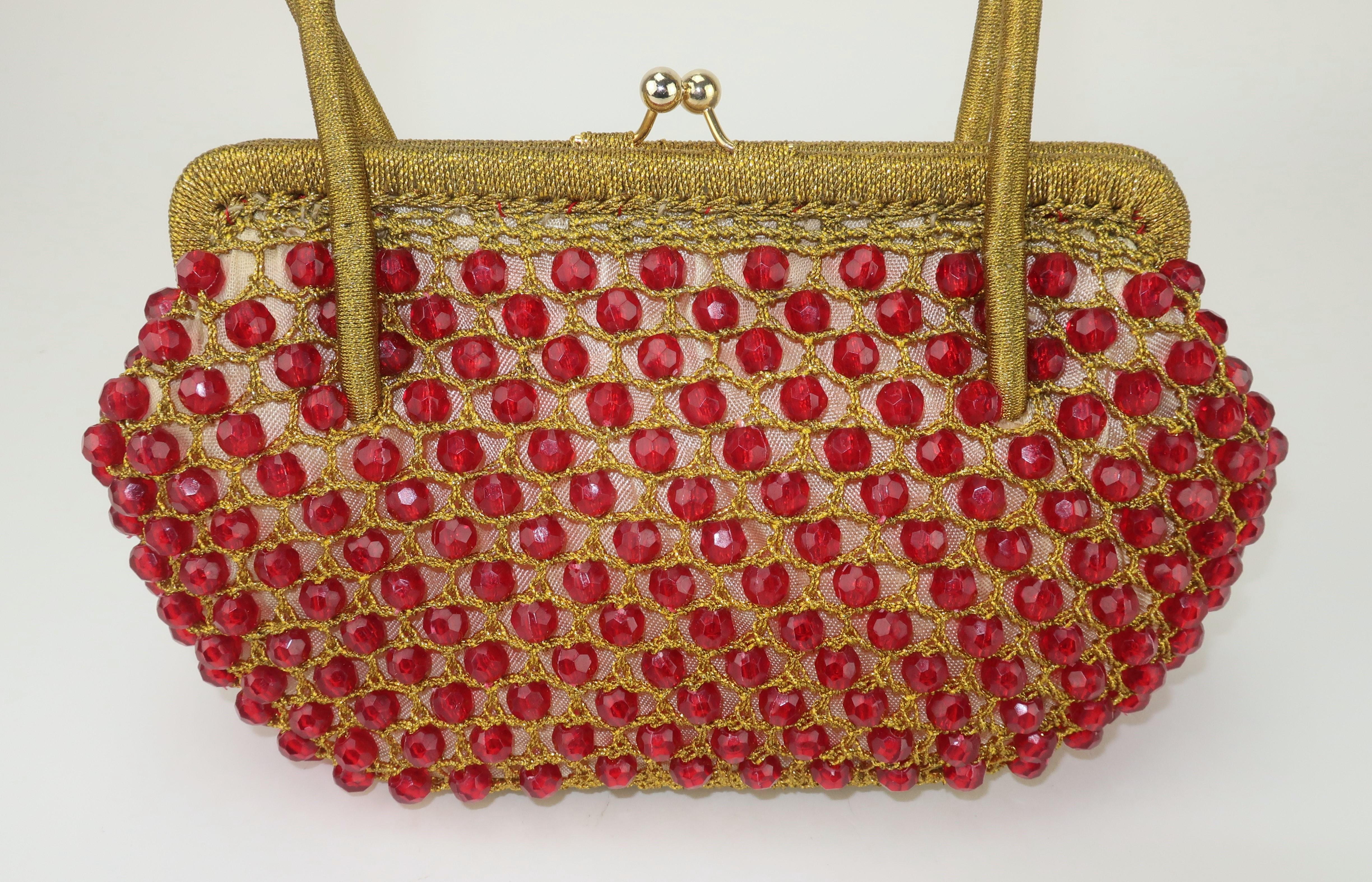 Barbara Lee - Sac à main italien en crochet doré et perles rouge rubis, années 1960 1