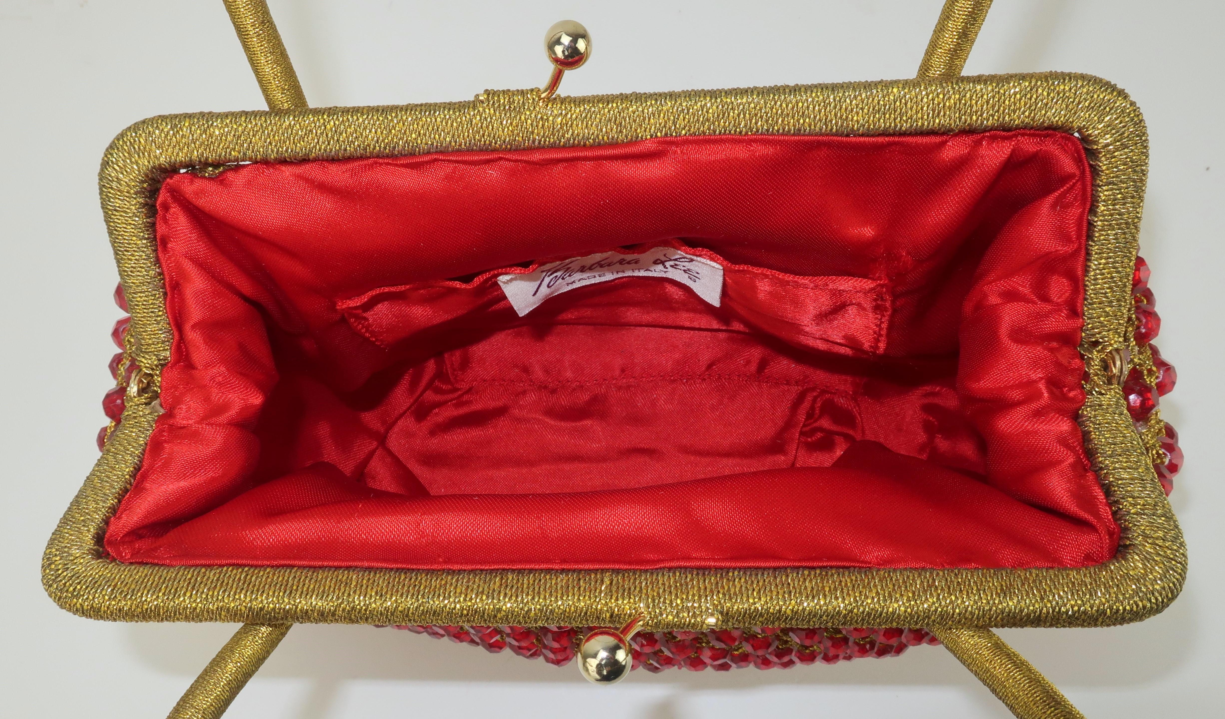 Barbara Lee Italian Gold Crochet & Ruby Red Beaded Handbag, 1960's 2