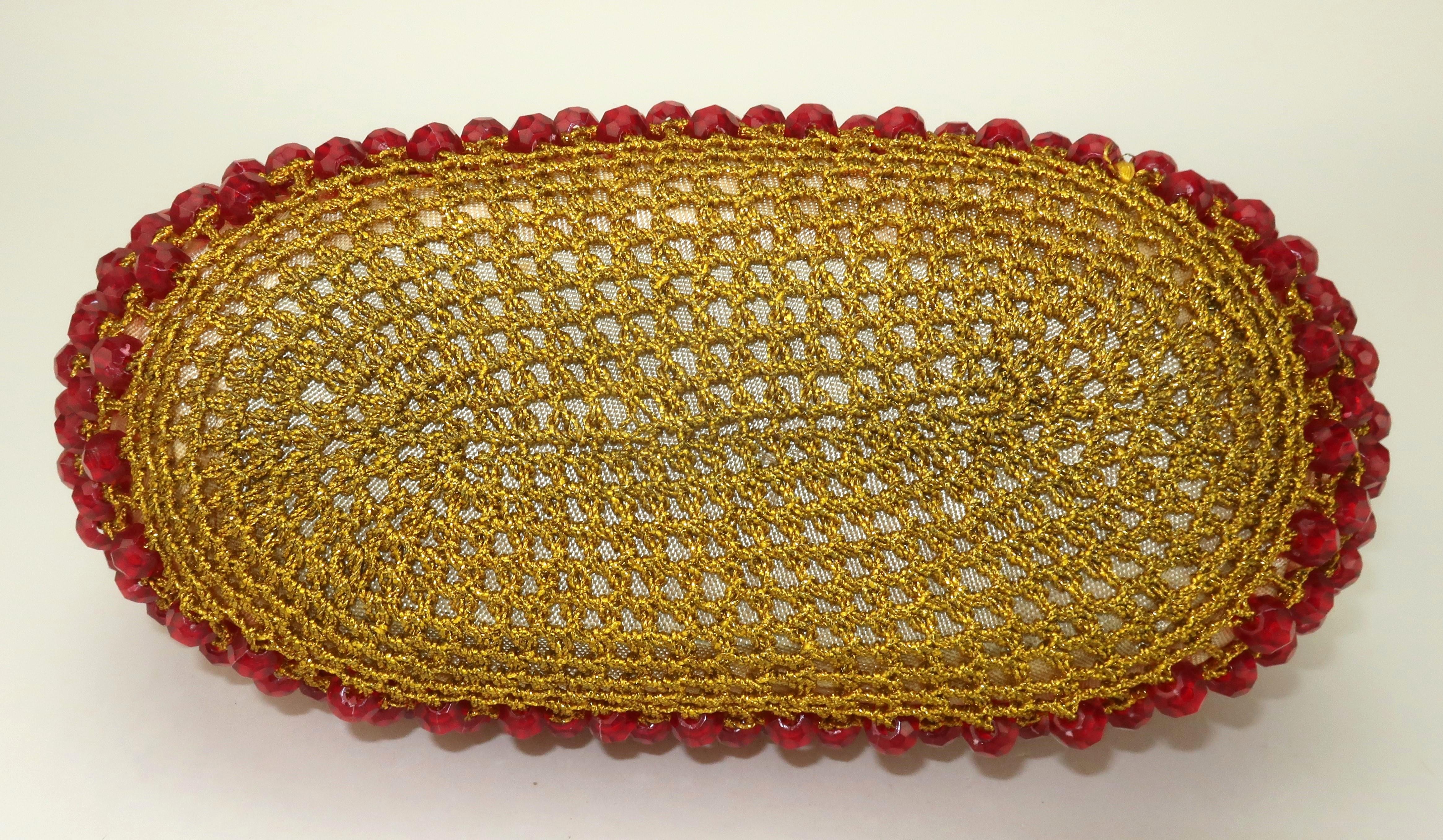 Barbara Lee Italian Gold Crochet & Ruby Red Beaded Handbag, 1960's 5