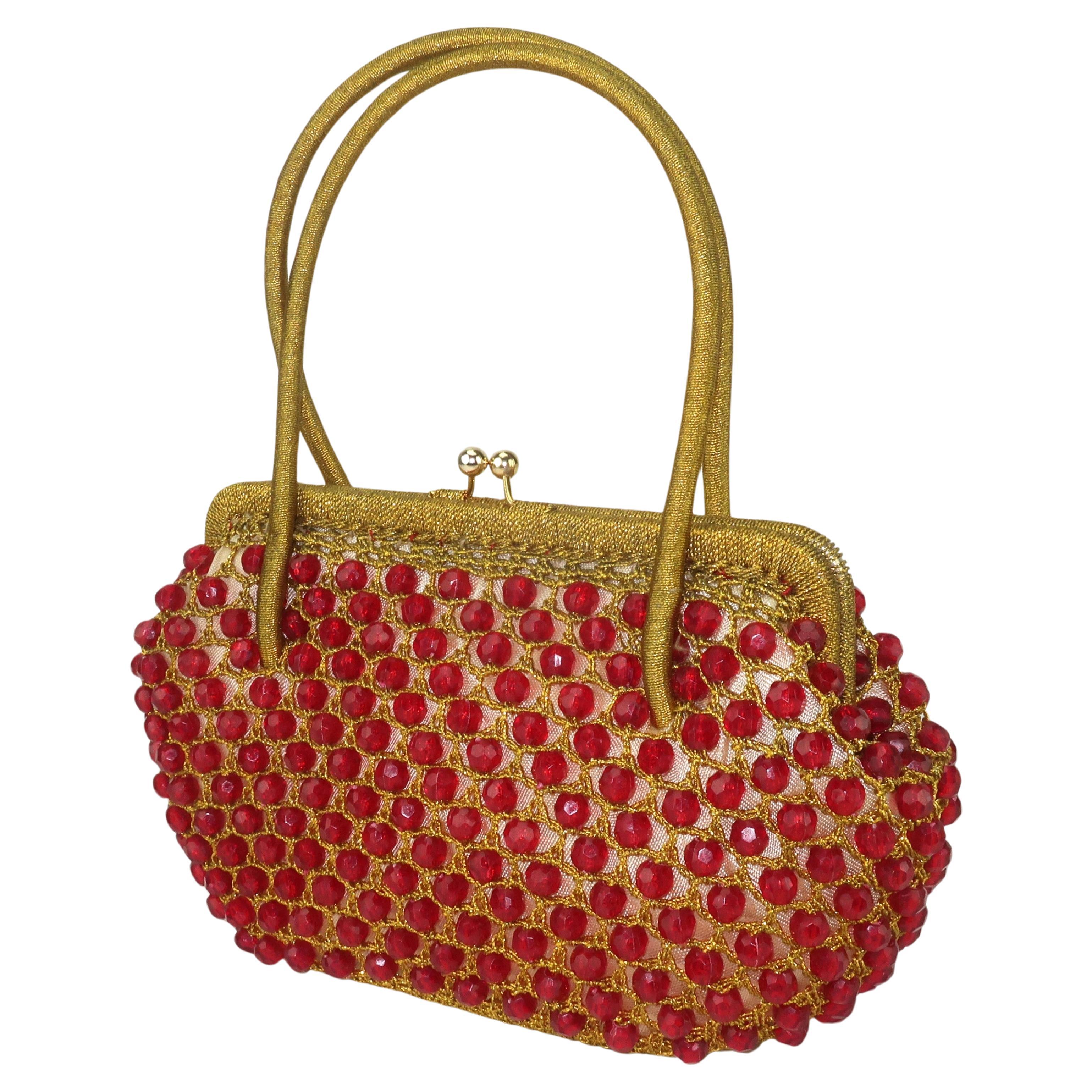 Barbara Lee Italian Gold Crochet & Ruby Red Beaded Handbag, 1960's