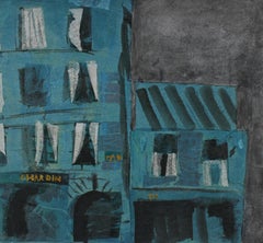 Modernist Building in Teal, Collage and Painting, Late 20th Century