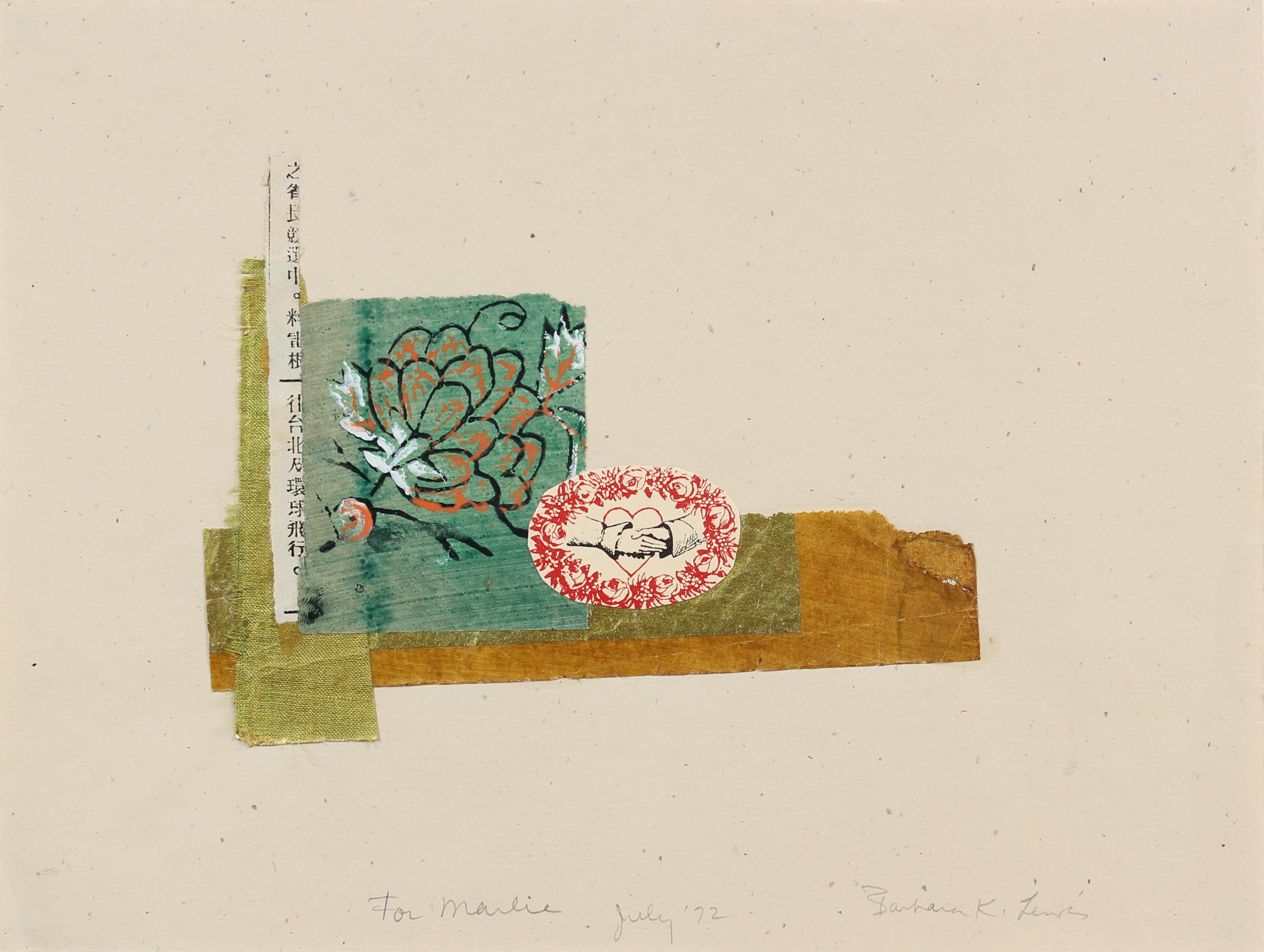 Romantic Mixed Media Collage with Turquoise Flower & Red Heart, July 1972 - Post-Modern Mixed Media Art by Barbara Lewis