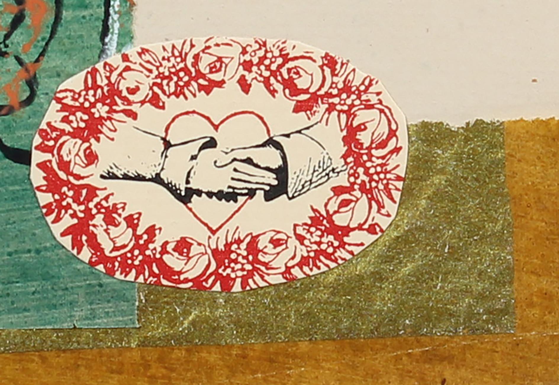 Romantic Mixed Media Collage with Turquoise Flower & Red Heart, July 1972 For Sale 1