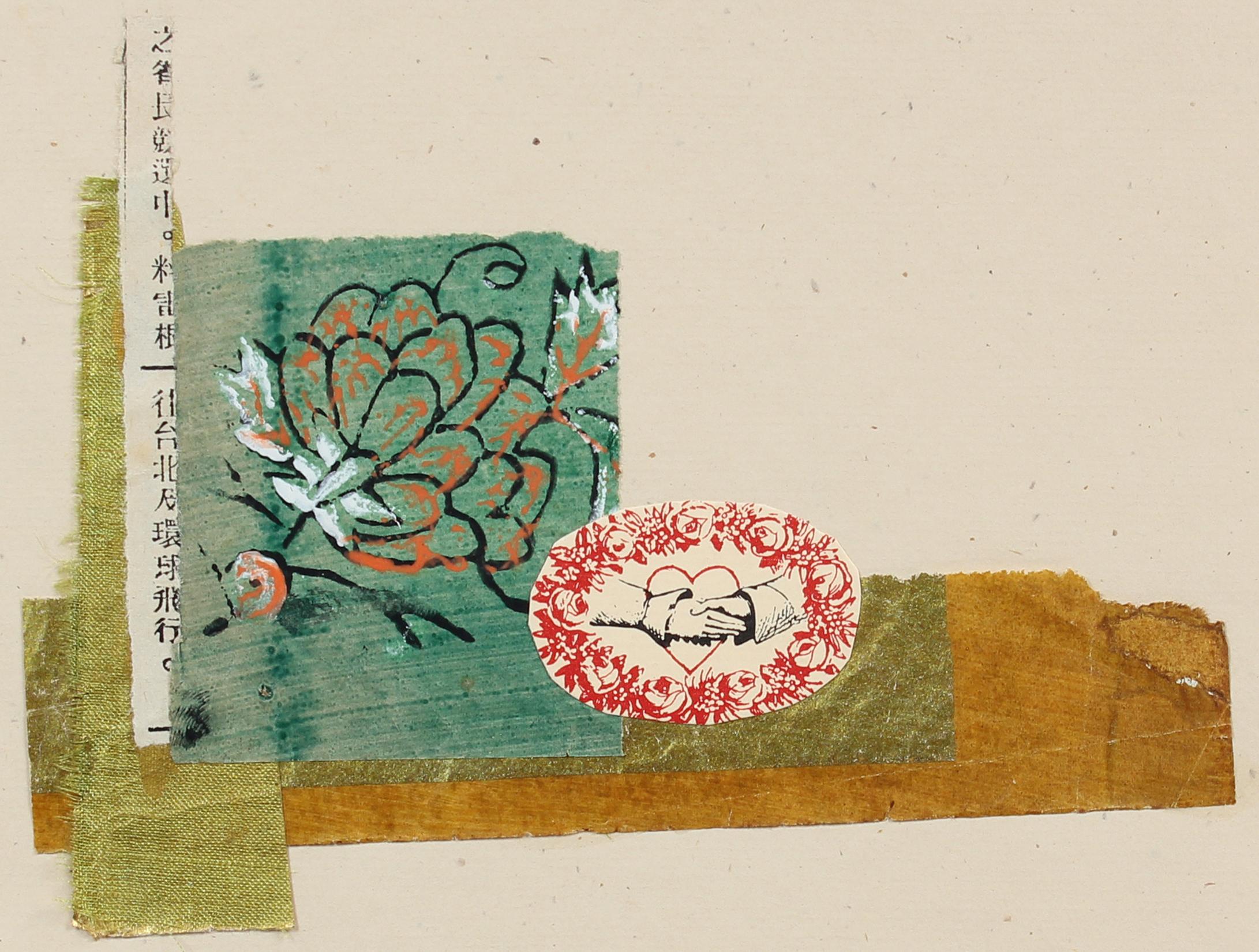Barbara Lewis Abstract Print - Romantic Mixed Media Collage with Turquoise Flower & Red Heart, July 1972