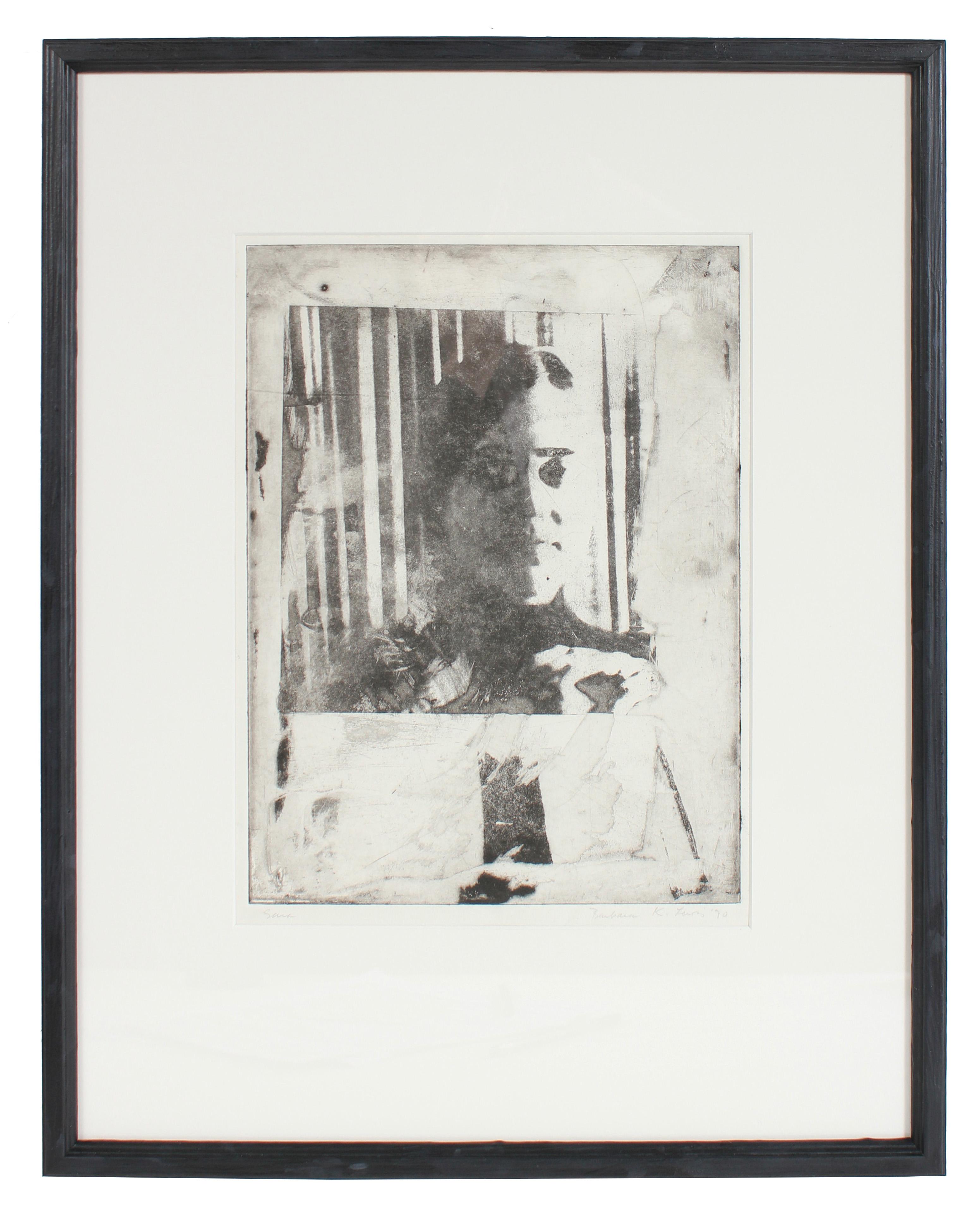 Barbara Lewis Portrait Print - "Sara" Black and White Portrait of a Woman, Photo Emulsion Print, 1970