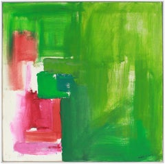 Large Abstract Expressionist Oil Painting in Green, Red and Pink, 20th Century