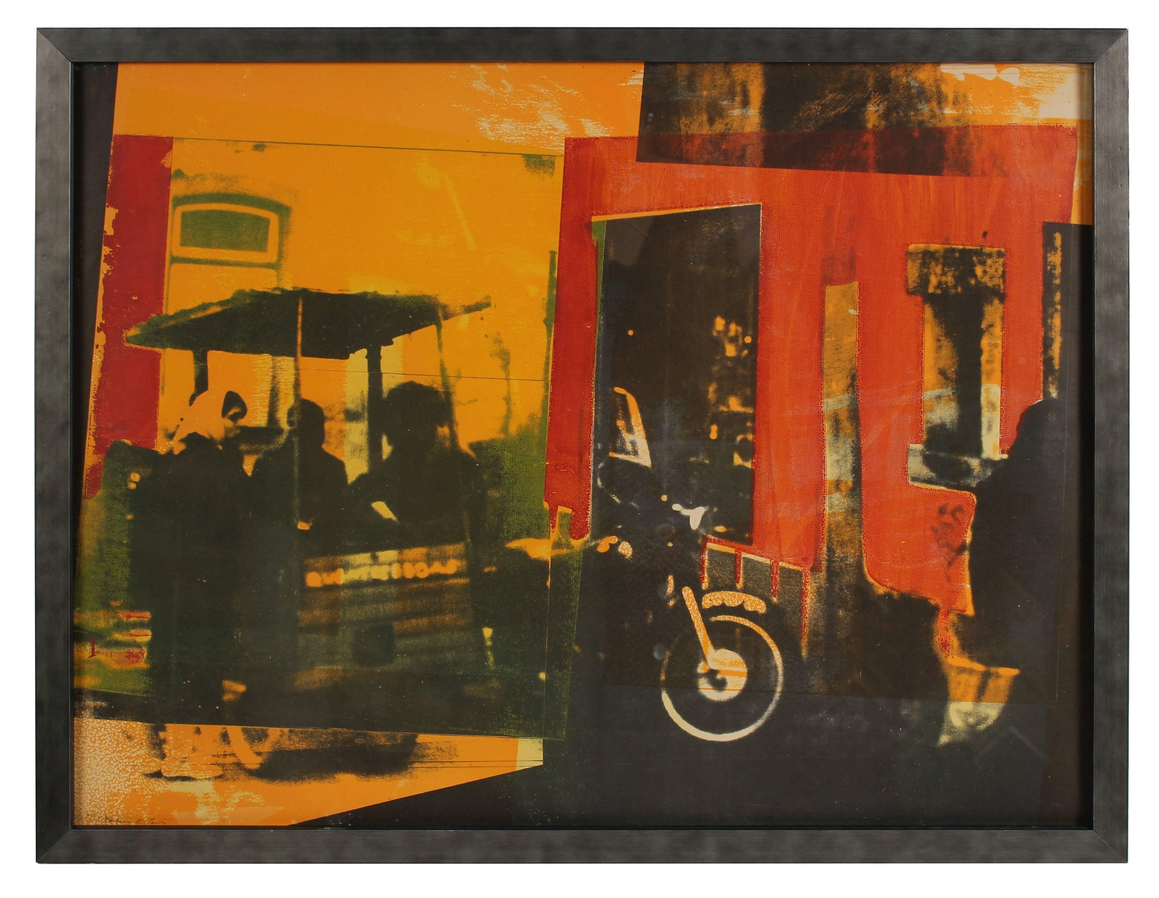 Barbara Lewis Abstract Print - "Chestnut Vendor" Cityscape Lithograph in Warm Colors, 1972
