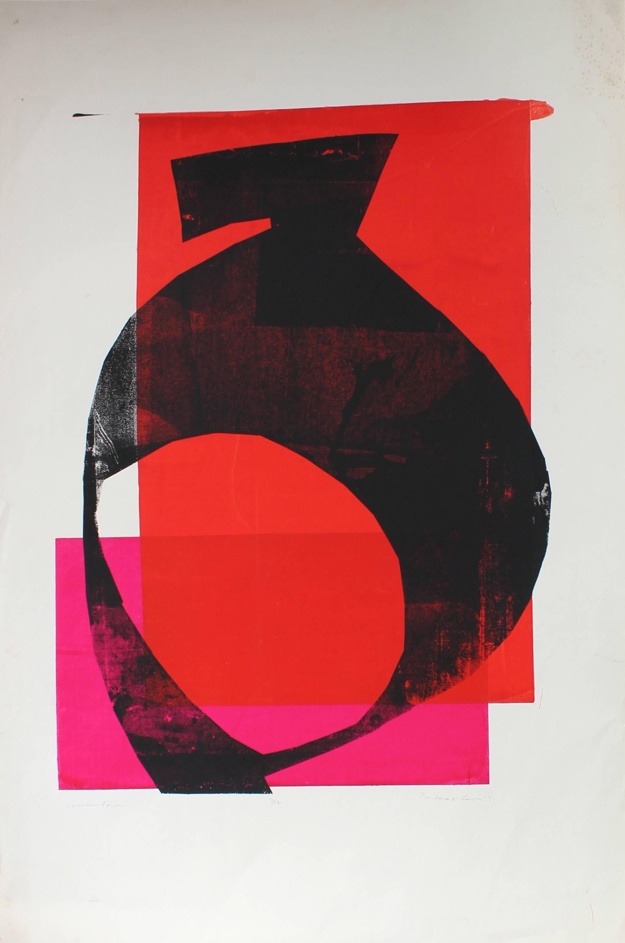 This 1971 serigraph on paper abstract in red, pink, and black entitled 