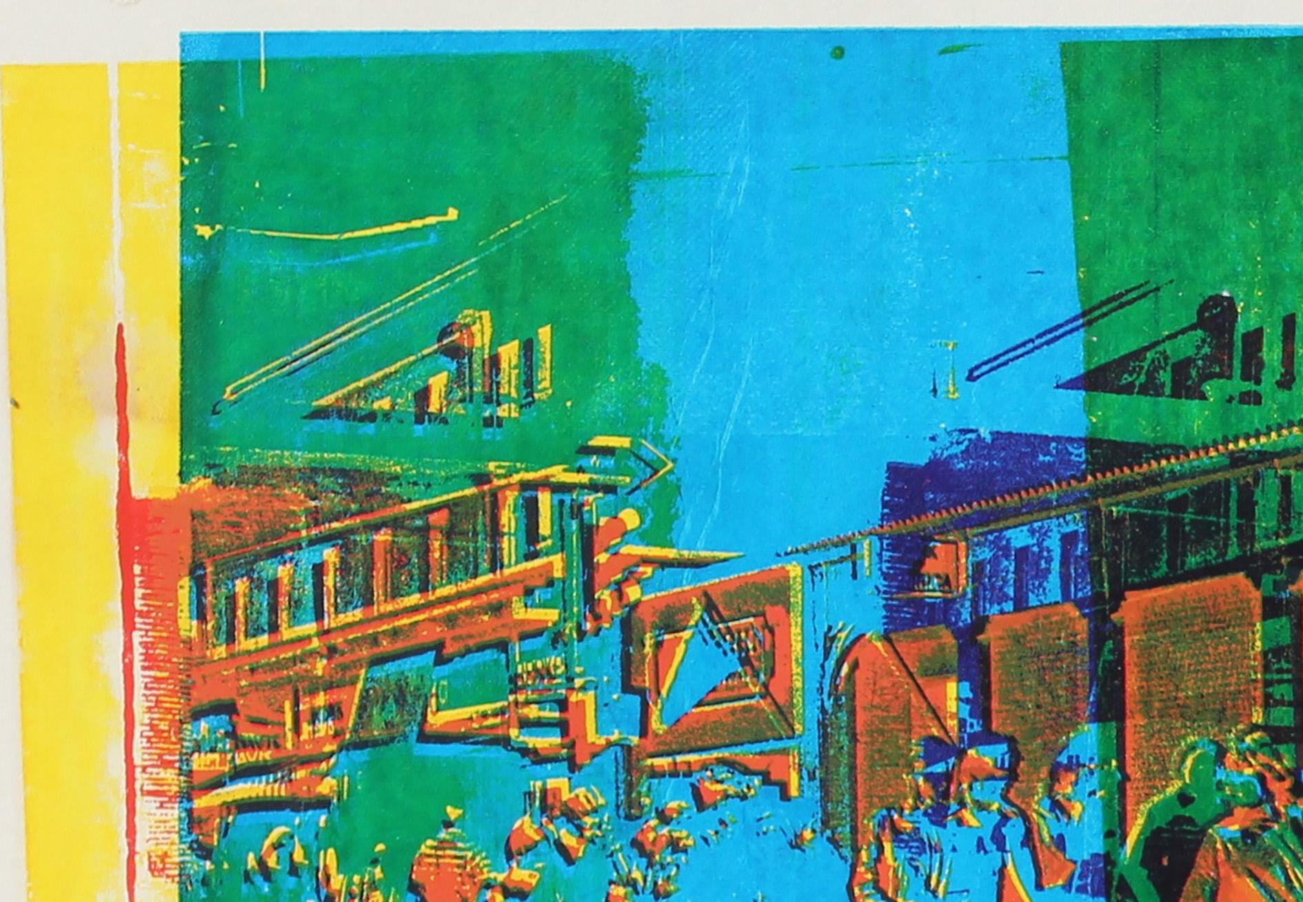 Colorful Serigraph of Abstracted Industrial Cityscape of People Commuting 1970's - Print by Barbara Lewis