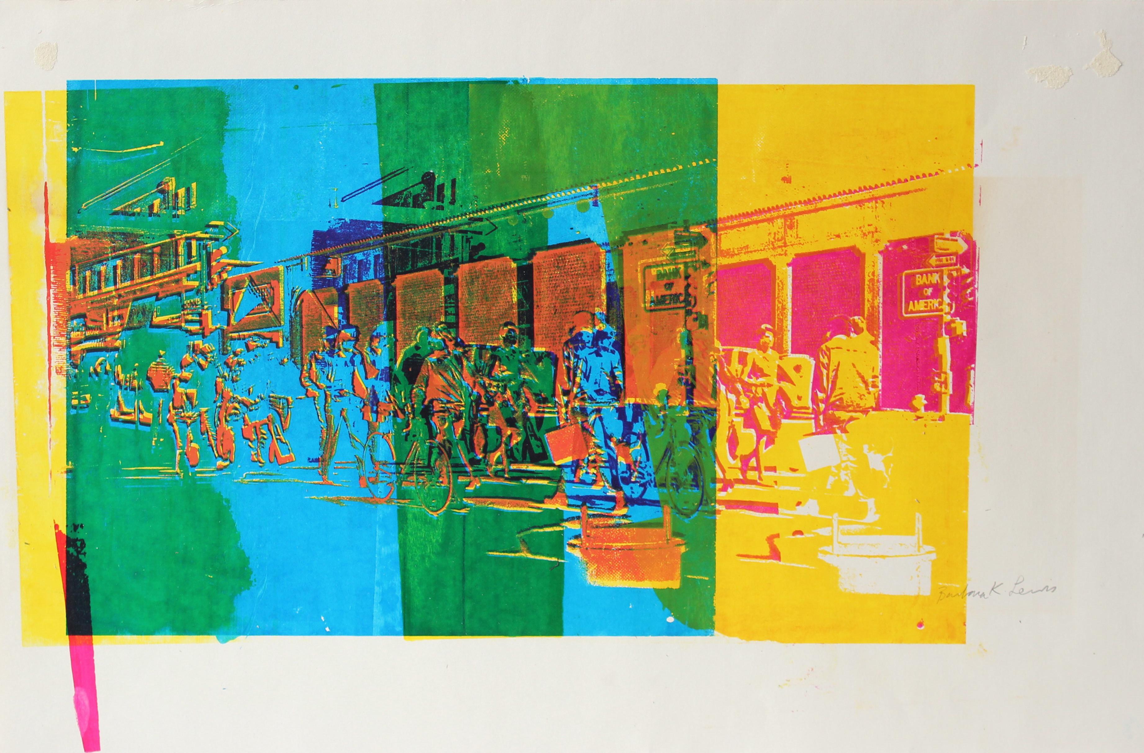 Barbara Lewis Abstract Print - Colorful Serigraph of Abstracted Industrial Cityscape of People Commuting 1970's