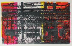 Vintage "Construction" Abstracted Industrial Scene in Red and Black, Serigraph, 1973