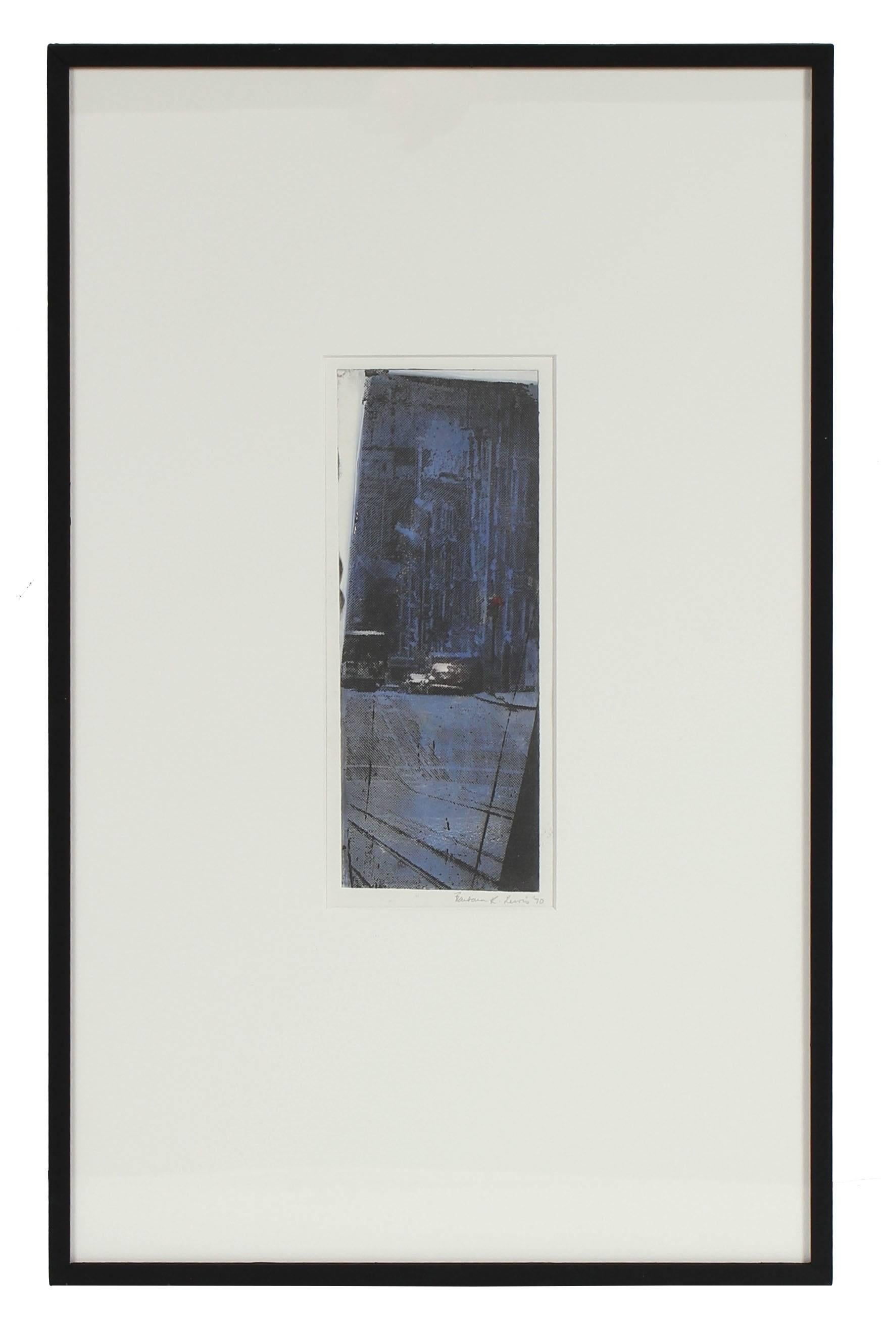 Framed Cityscape Screen Print in Indigo, 1970 - Gray Abstract Print by Barbara Lewis