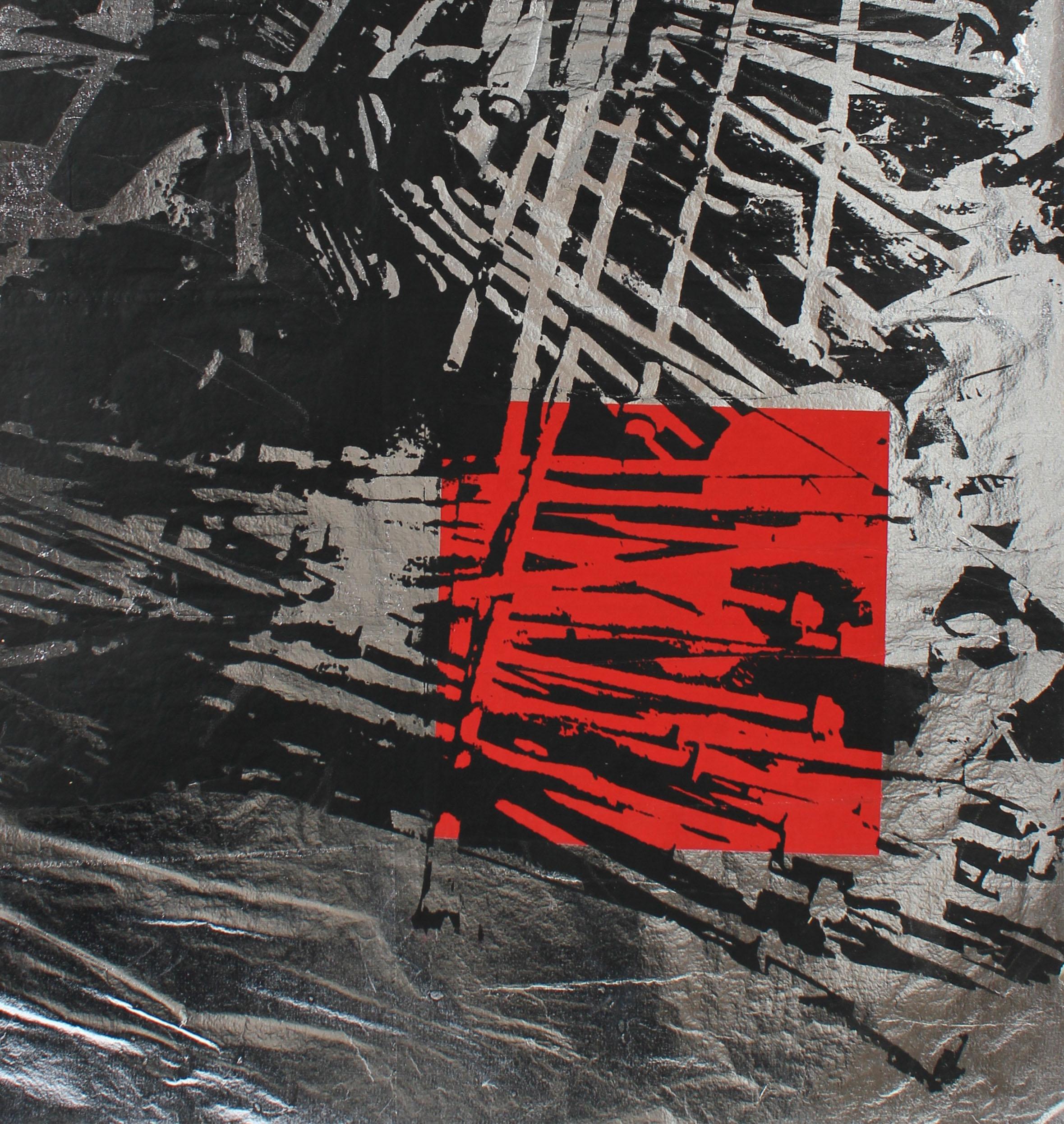 Graphic Serigraph in Black and Red on Silver Paper, circa 1970's - Print by Barbara Lewis