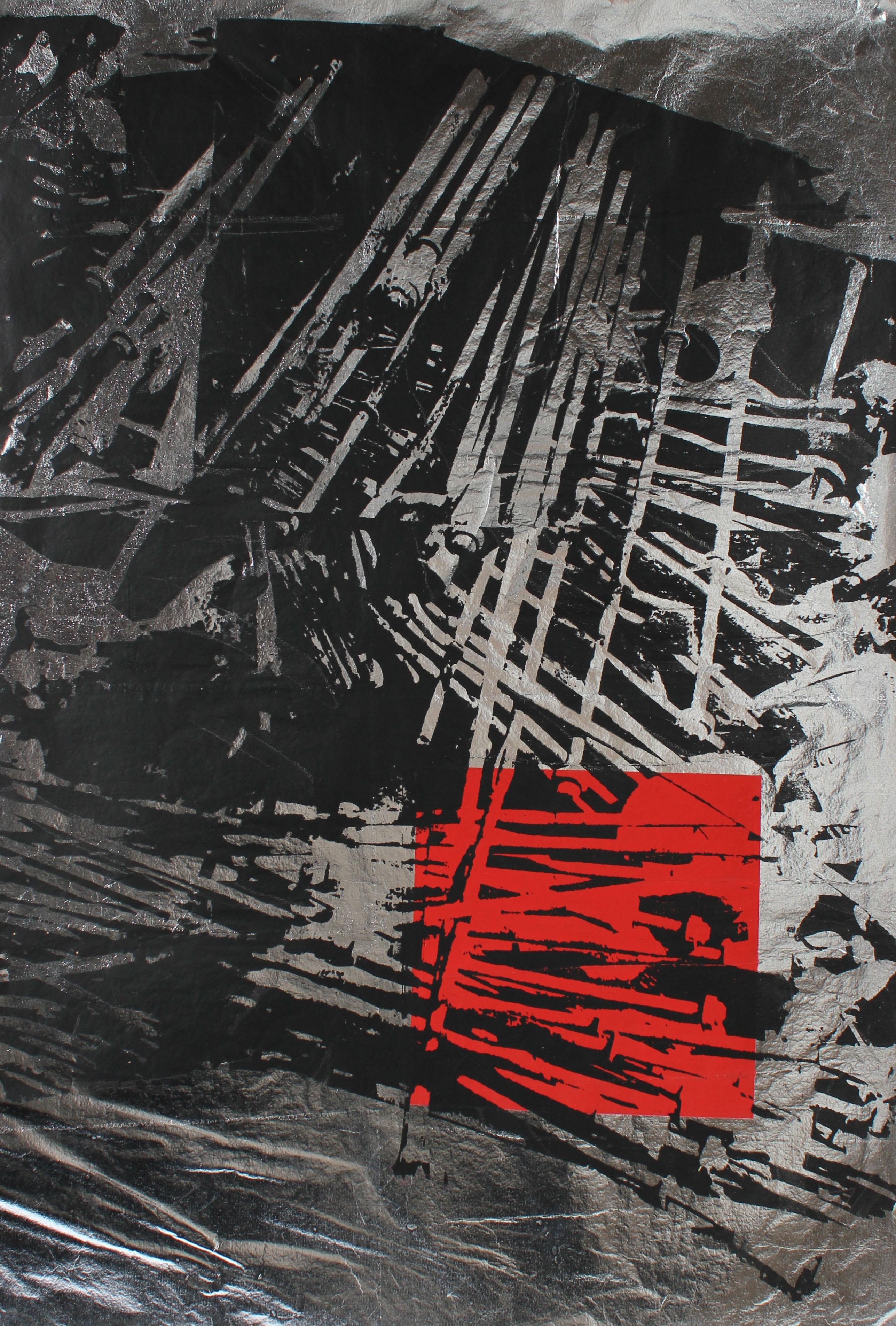 Graphic Serigraph in Black and Red on Silver Paper, circa 1970's