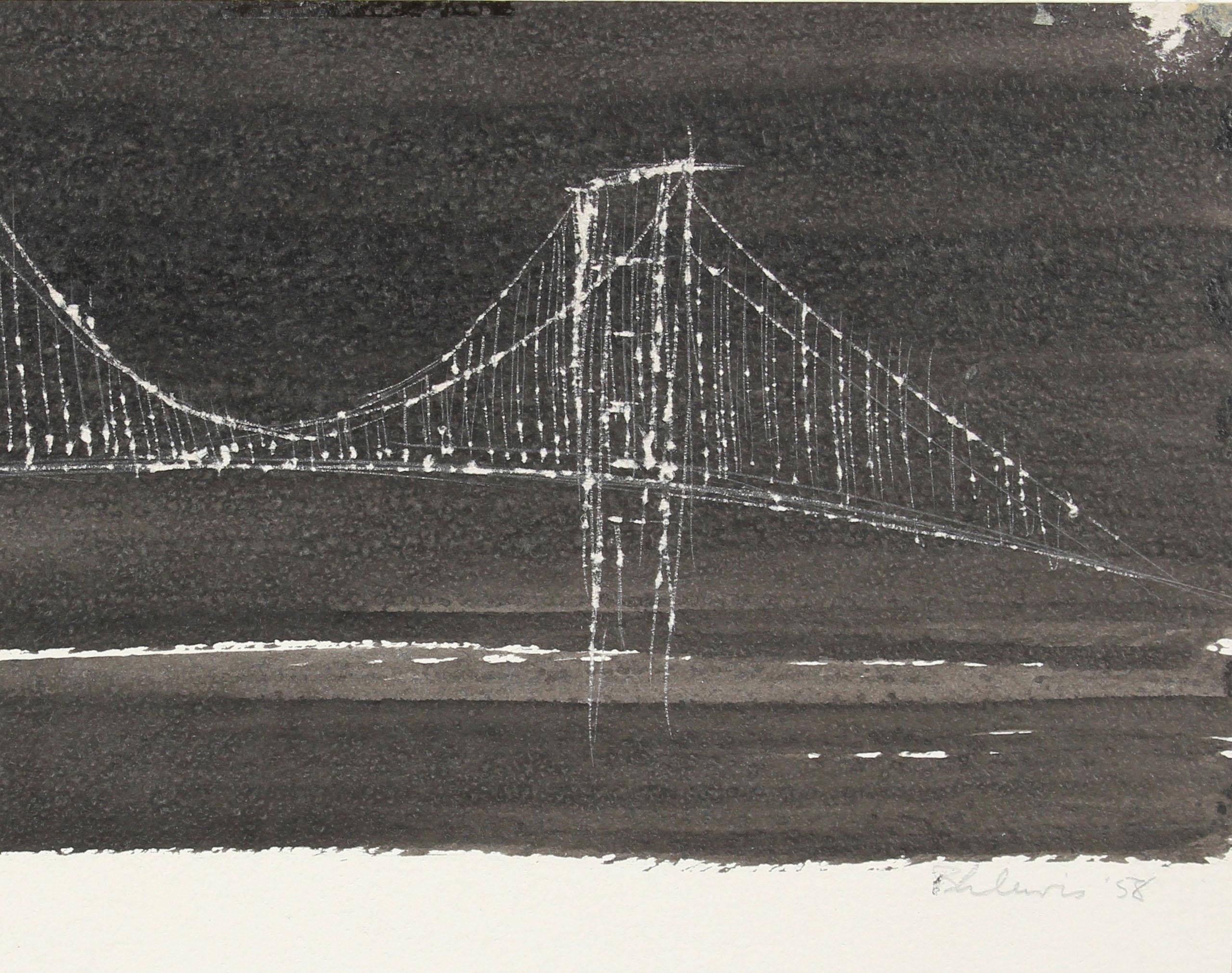Ink and Scratch Technique Of A City Bridge – Print von Barbara Lewis