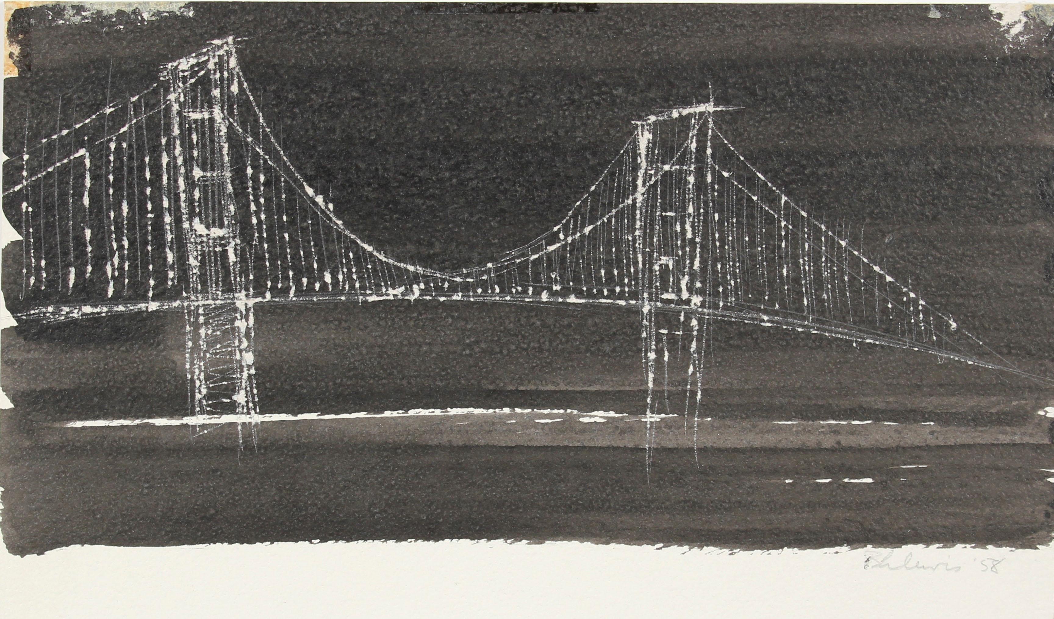 Barbara Lewis Landscape Print – Ink and Scratch Technique Of A City Bridge