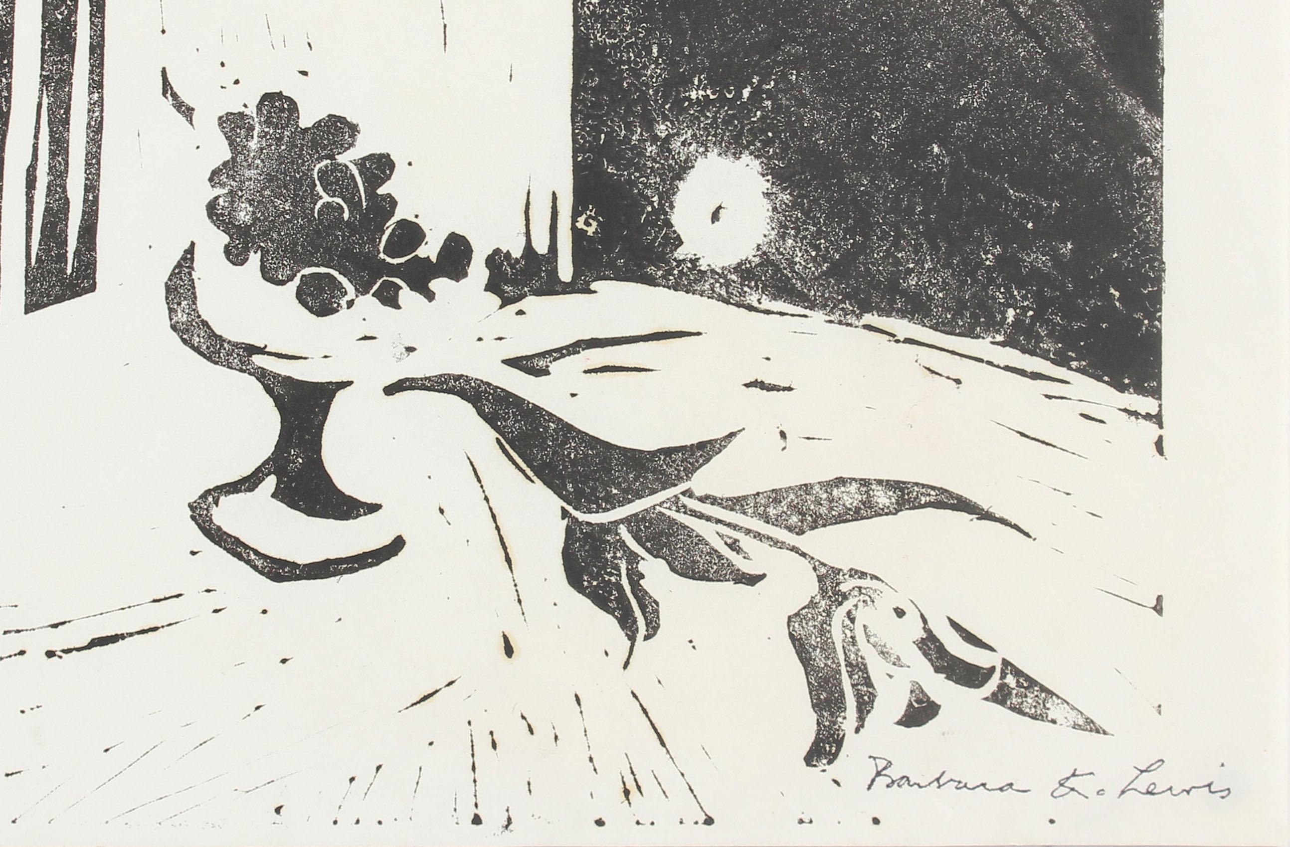 Late 20th Century Woodcut Print of A Still Life  - Beige Abstract Print by Barbara Lewis