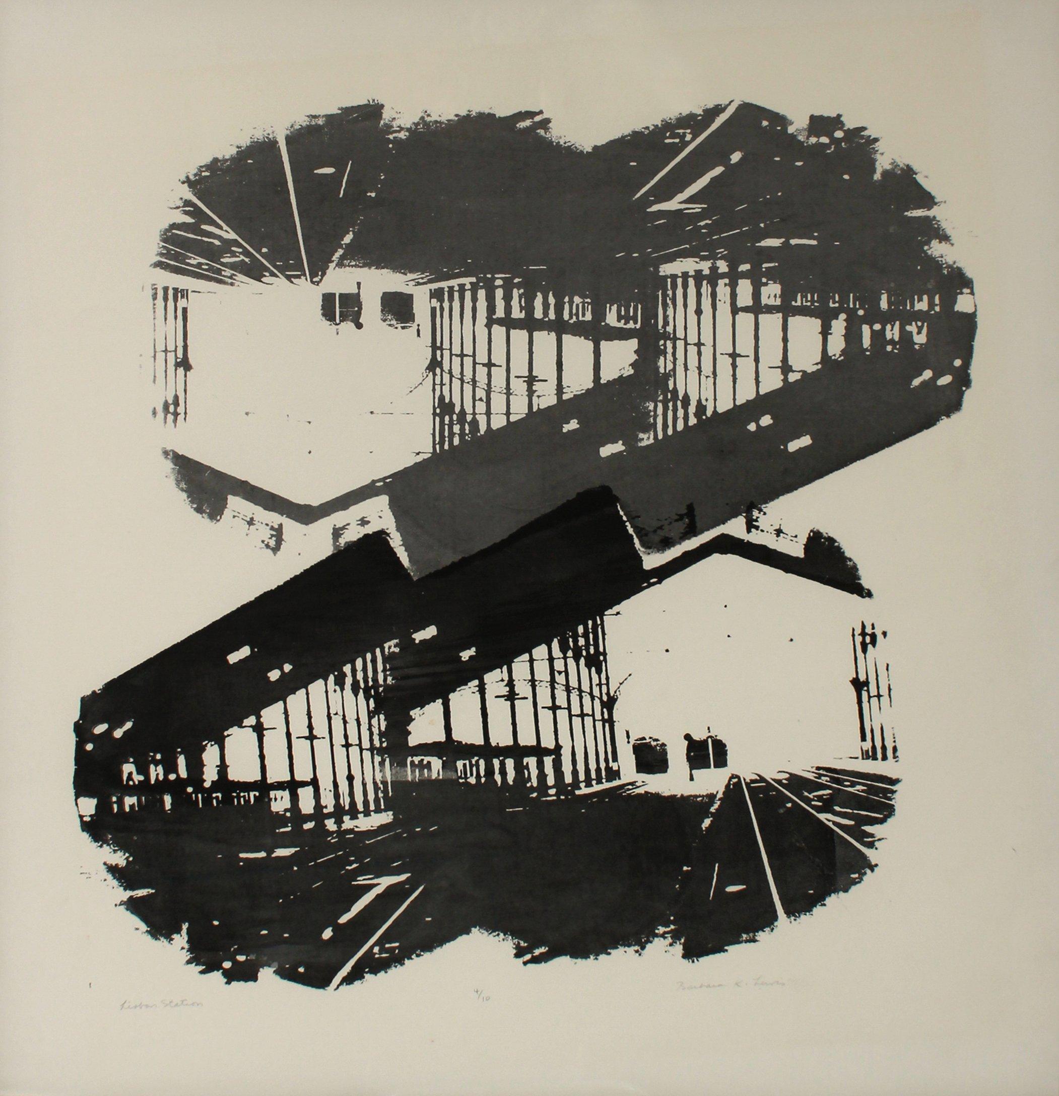 This 1971 graphic black and white abstracted city detail entitled 