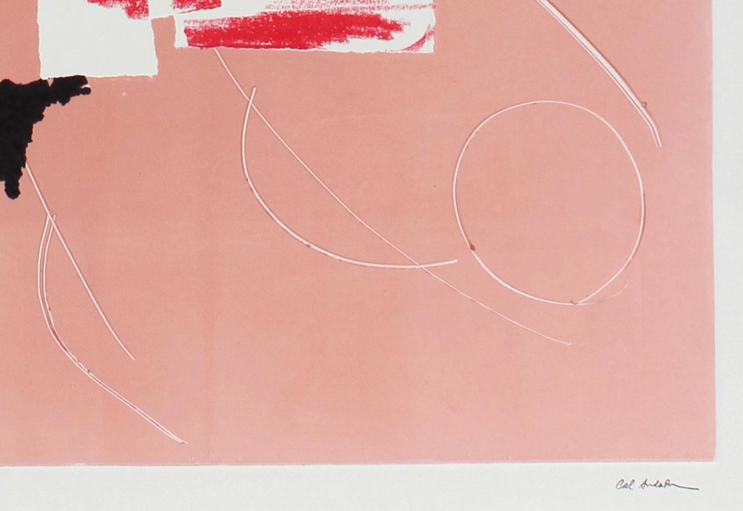 Minimalistische rosa und weiße Monotypie auf Papier – Print von Barbara Lewis