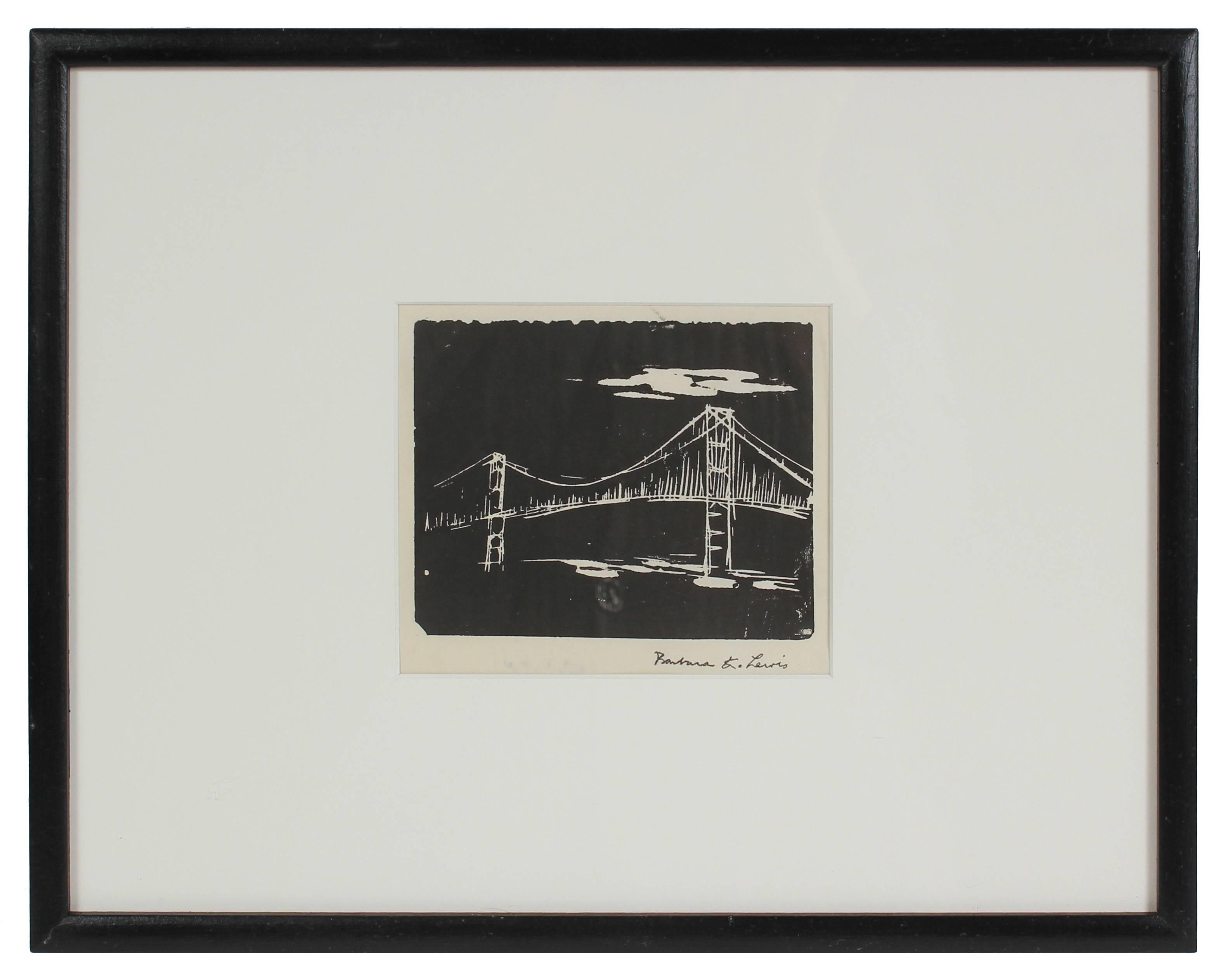 Barbara Lewis Landscape Print - Monochromatic Bridge, Woodblock Print, 20th Century