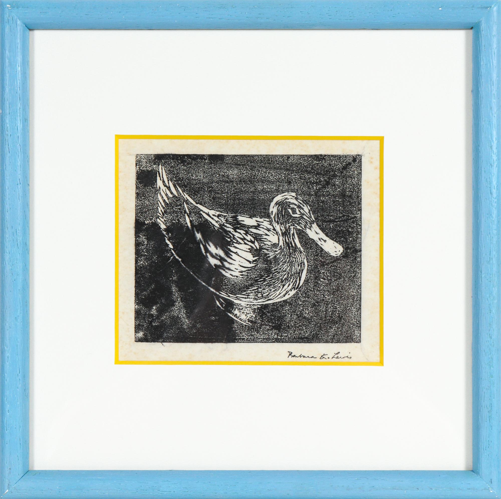 Barbara Lewis Animal Print - Monochromatic Duck 1940s Linoleum Block Print