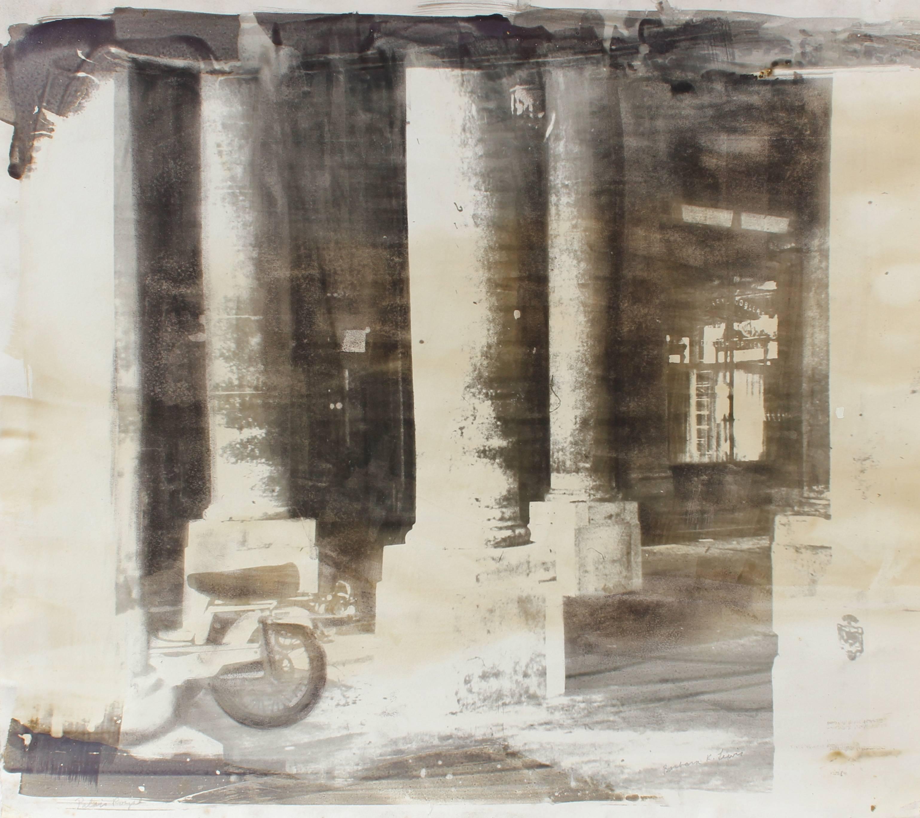 This circa 1970s photo emulsion print on paper of columns and a motorcycle entitled 