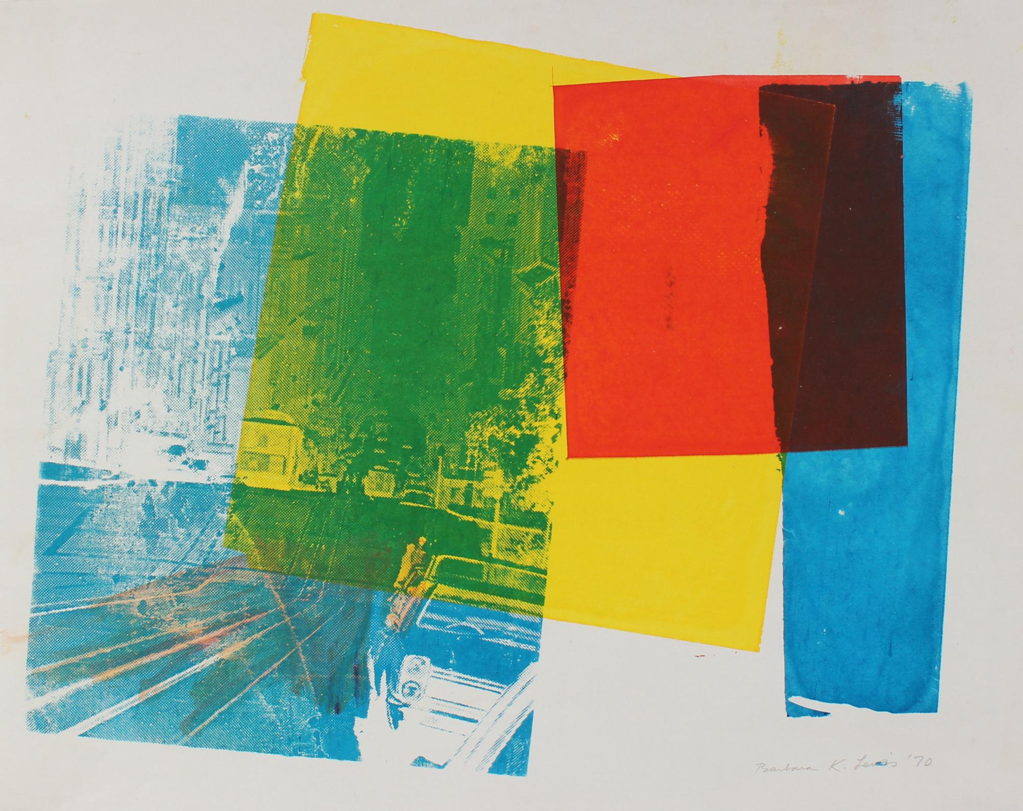 Barbara Lewis Abstract Print - Primary-Color Abstract Cable Car City Scene 1970 Serigraph