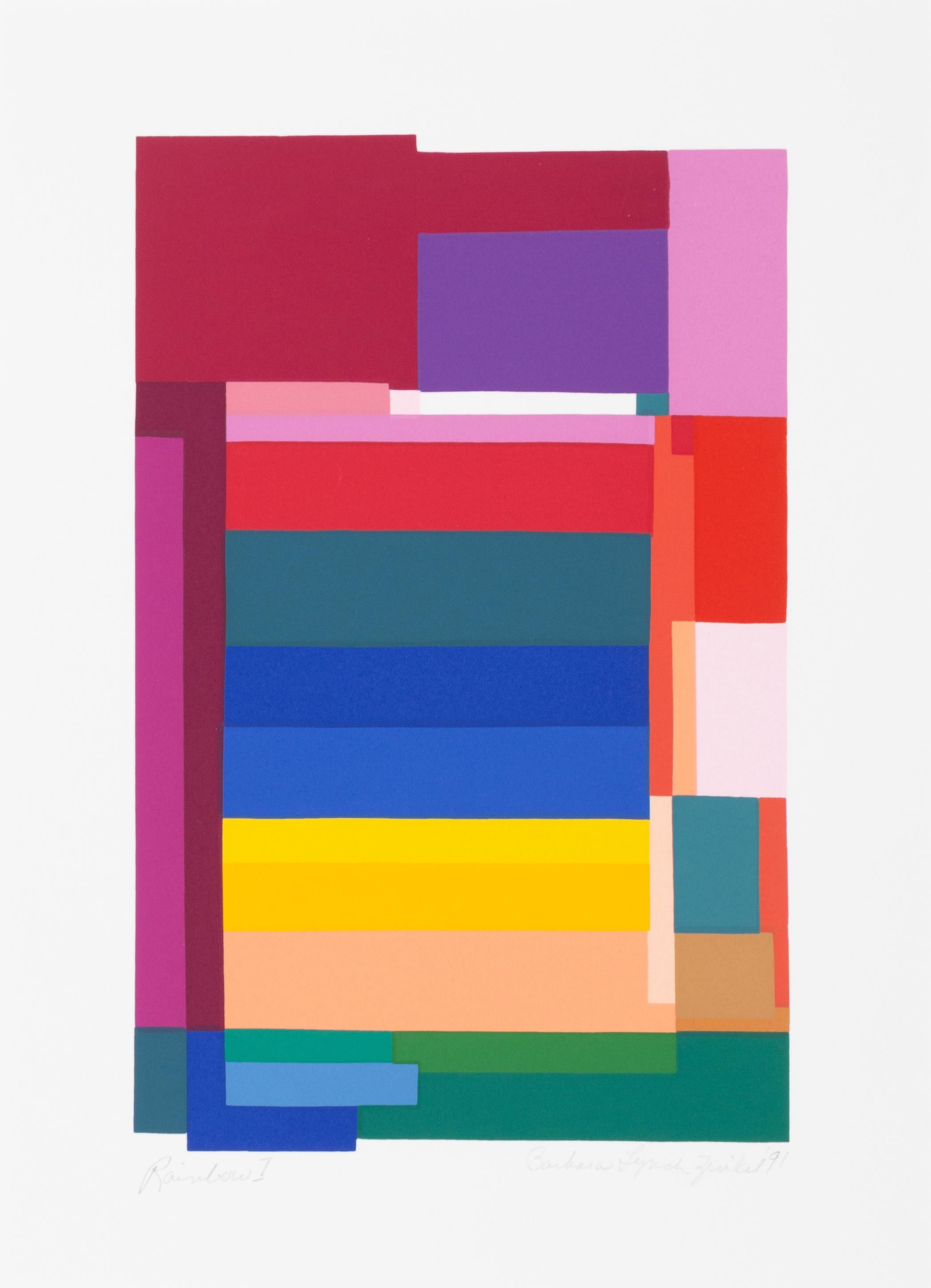 A colorful geometric screenprint by American artist Barbara Lynch Zinkel, signed and numbered in pencil.

Date: 1991
Medium: Screenprint, signed, numbered, dated and titled in pencil
Edition: 250
Image Size: 12 x 7.5 inches
Frame Size : 16 x 10 in.