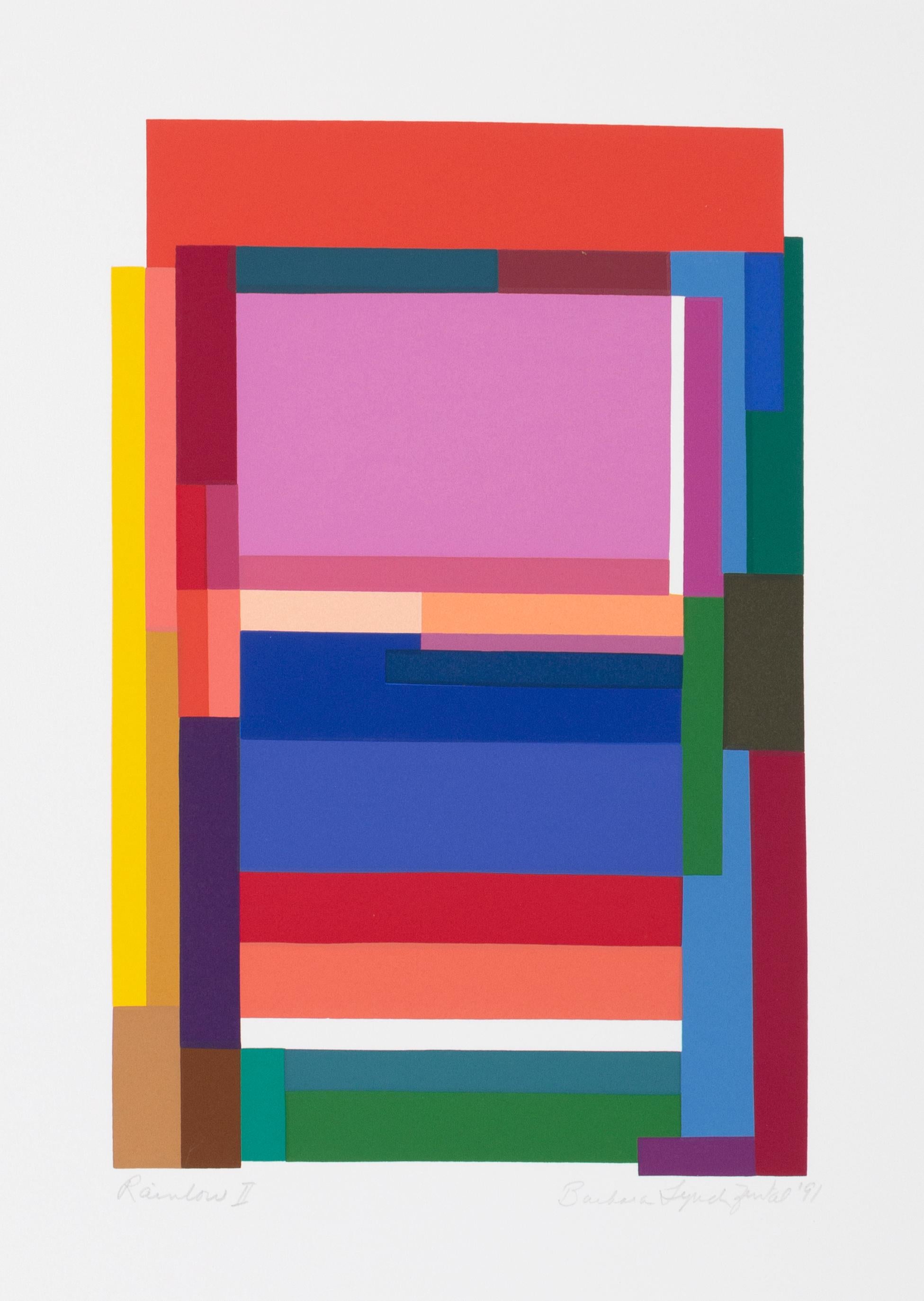 A colorful geometric screenprint by American artist Barbara Lynch Zinkel.

Date: 1991
Medium: Screenprint, numbered in pencil lower left, estate stamped verso
Edition: 250
Image Size: 12 x 7.5 inches
Size : 16 x 10 in. (40.64 x 25.4 cm)