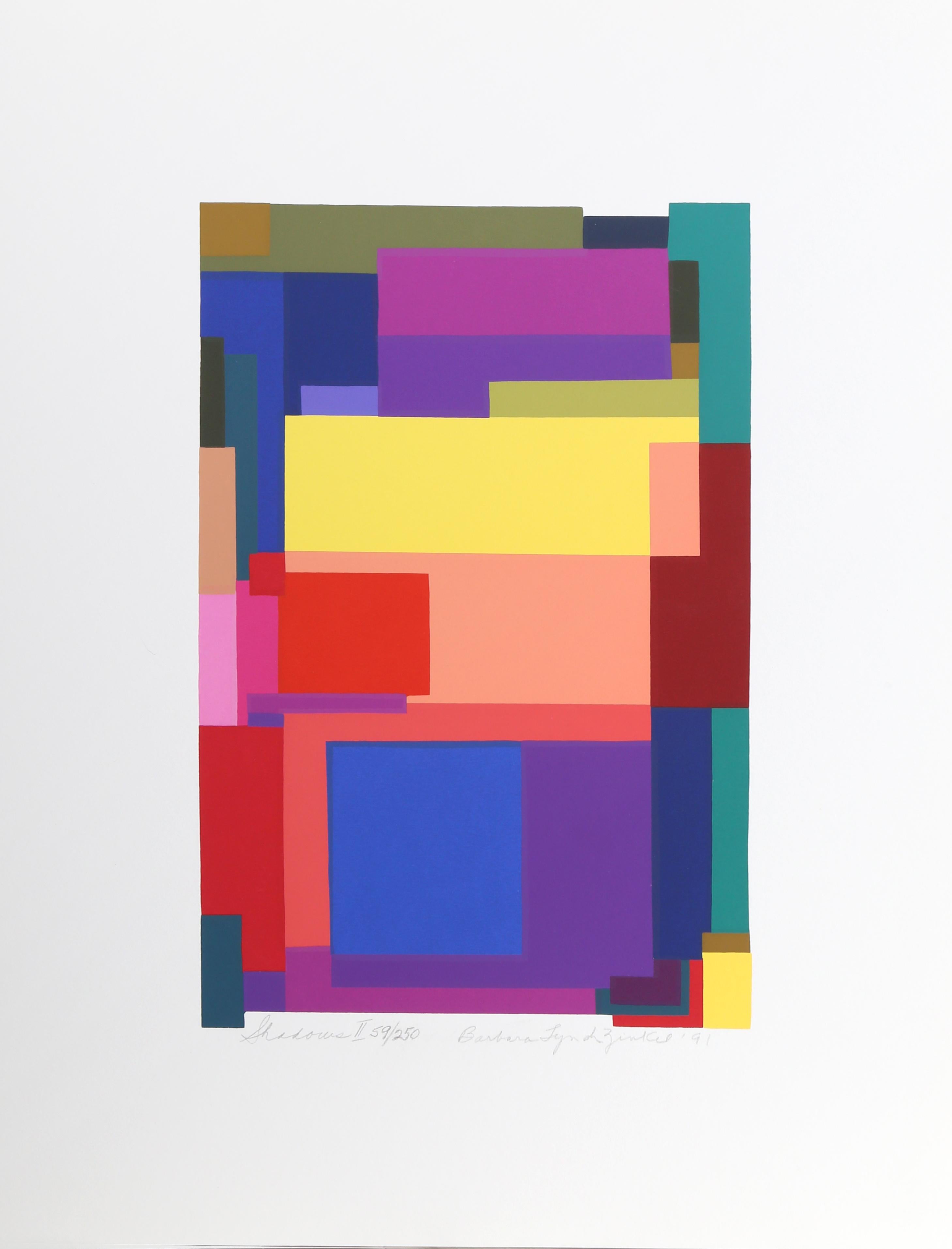A colorful geometric screenprint by American artist Barbara Lynch Zinkel, signed and numbered in pencil.

Date: 1991
Medium: Screenprint, signed, numbered, dated and titled in pencil
Edition: 250
Image Size: 12 x 7.5 inches
Size : 16 x 10 in. (40.64