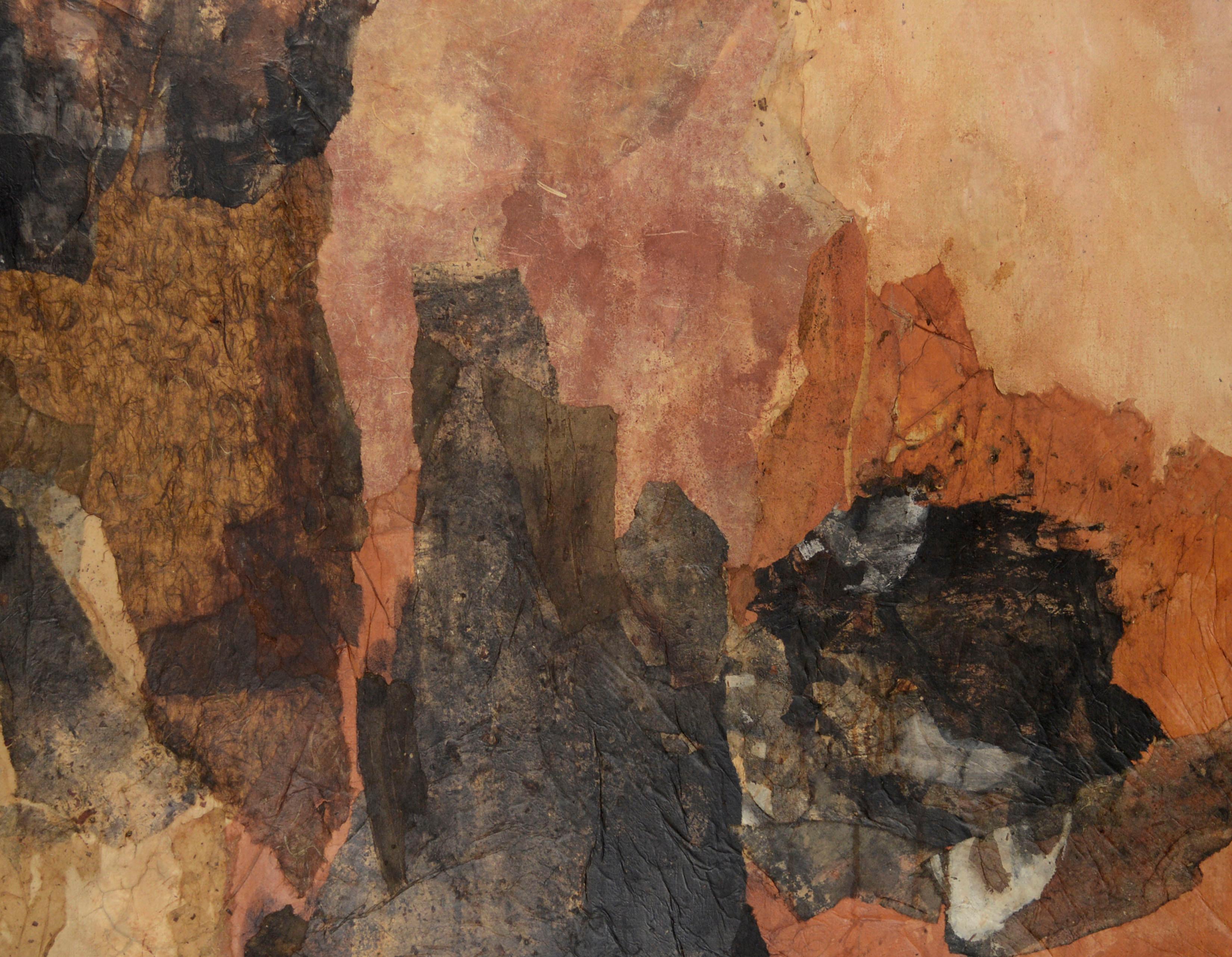 Large-Scale Mid Century Modern Abstract Earthtone Paper Collage on Canvas - Painting by Barbara M. Rees