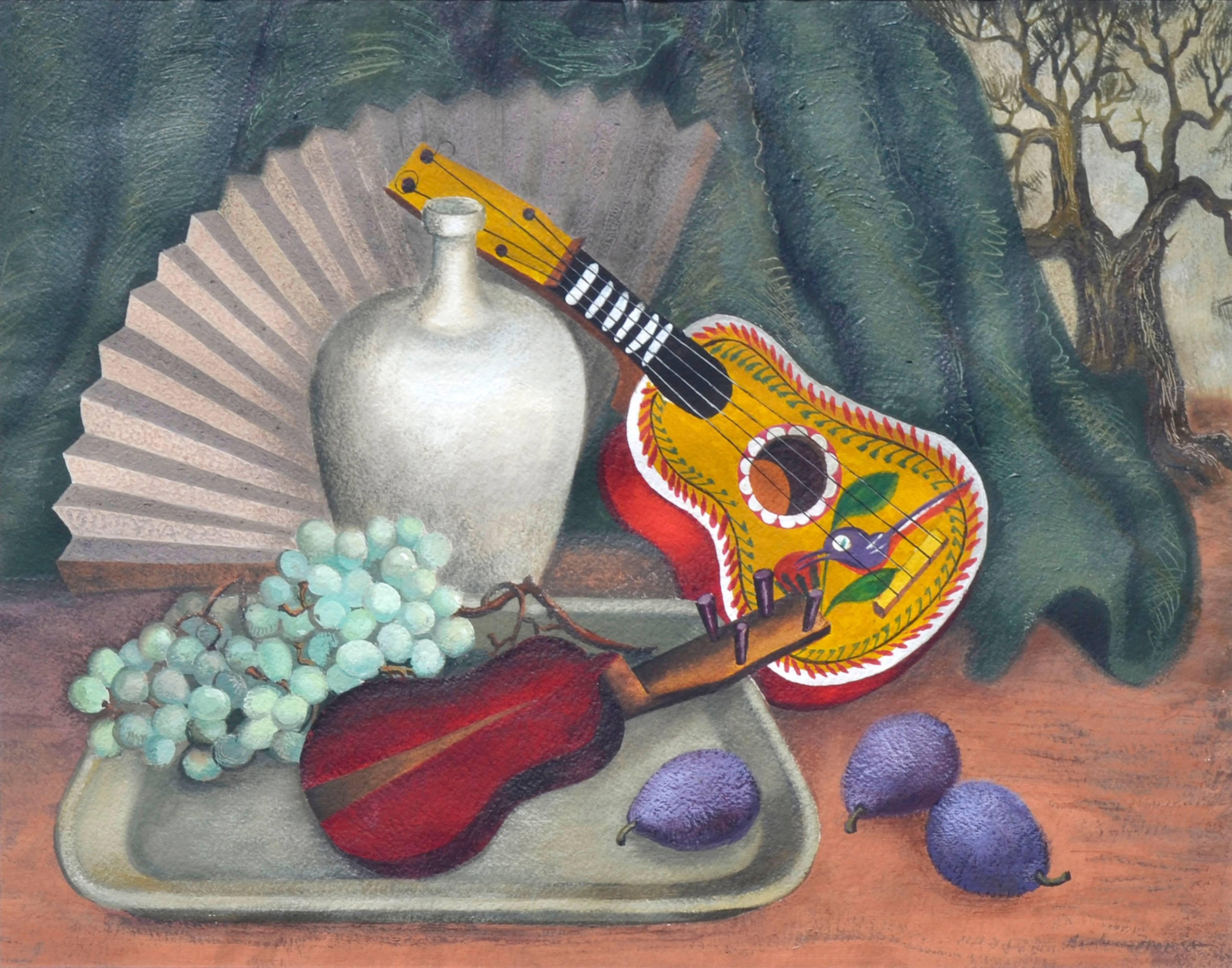 Vihuela, Figs & Grapes Still Life - Painting by Barbara Maples