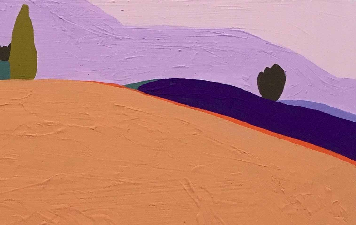 Recolección 108 (Auvillar), paisaje, textura, brillante, morado, rosa, árboles - Painting Abstracto de Barbara Marks