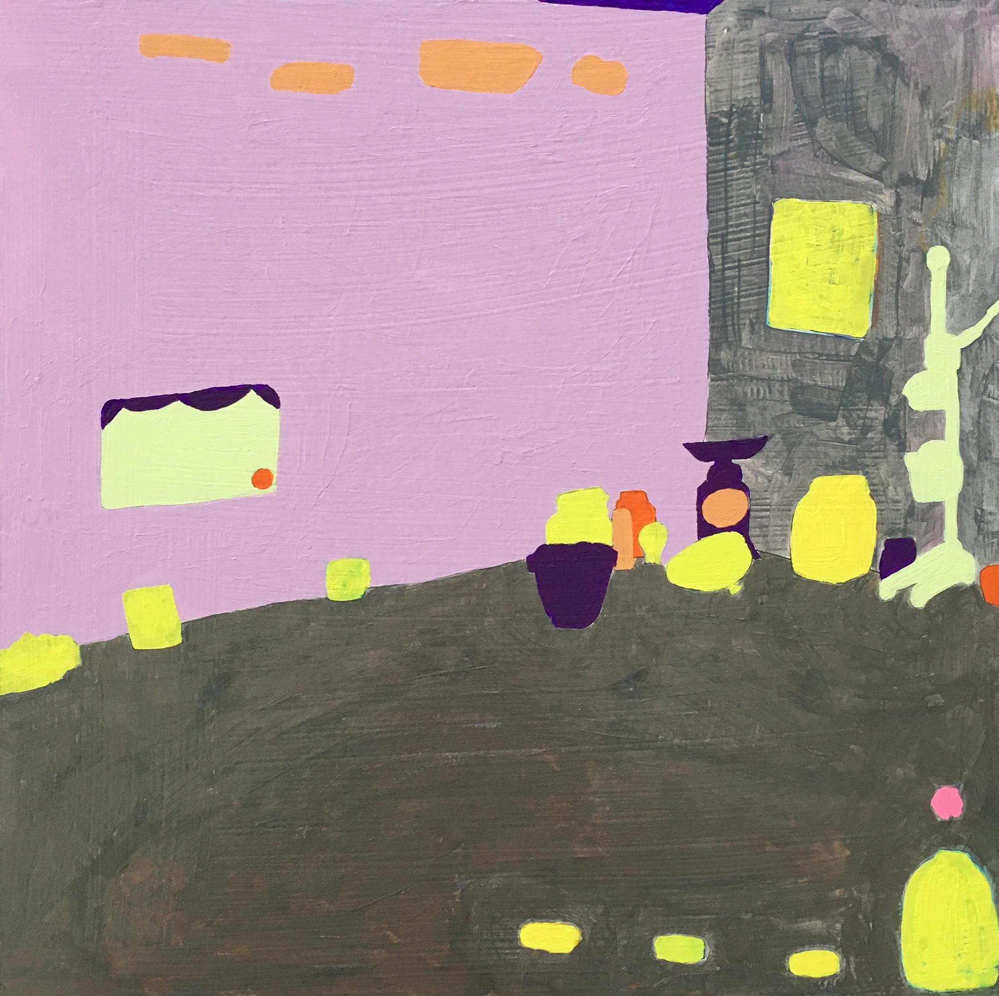Recollection 130 (Stony Creek), abstract pink and yellow painting of interior
