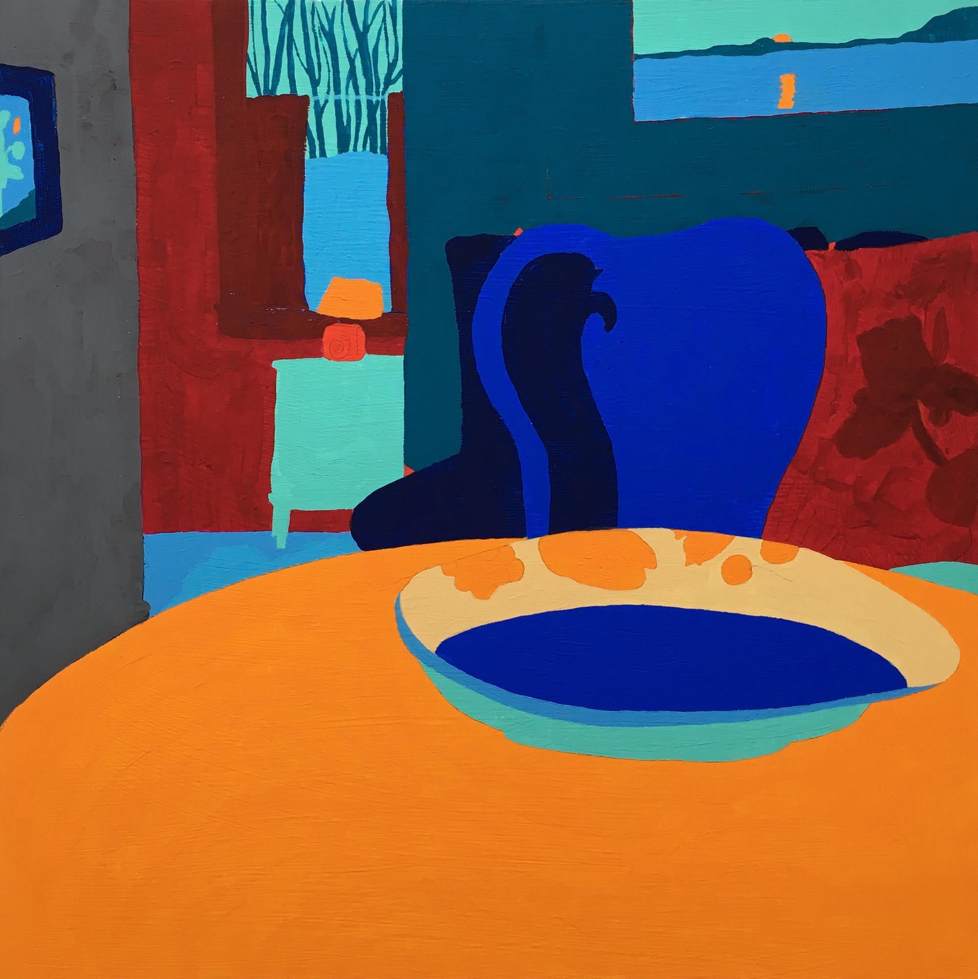 Barbara Marks Interior Painting - Recollection 136 (Monson), blue and orange abstract painting of interior